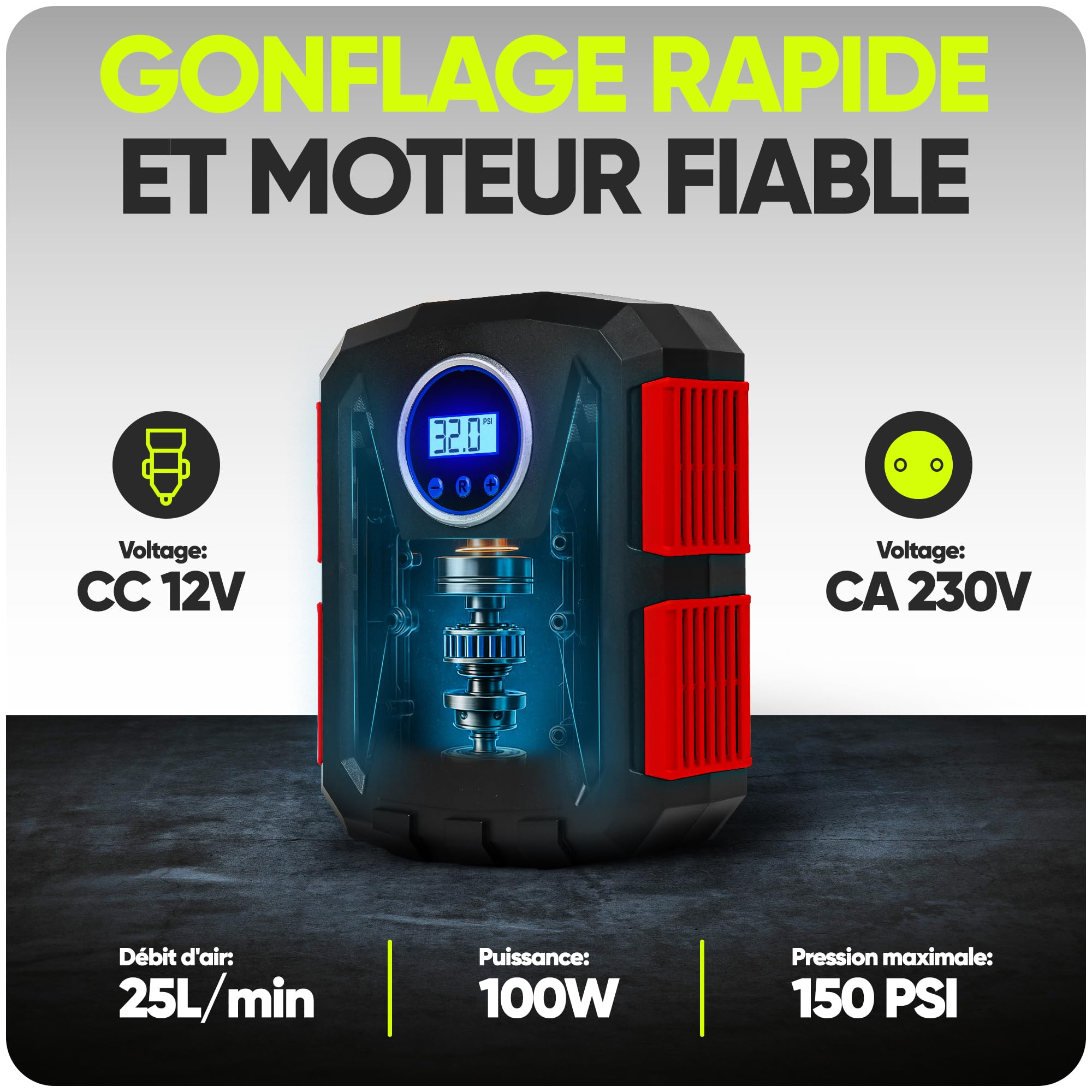 FORTEM Gonfleur pneus Voiture - Compresseur 12V - Compresseur à air portatif Automatique (150 PSI) - Gonfleur Pneu Voiture avec éclairage LED - Compresseurs d'air Portatifs - Moto & Vélo