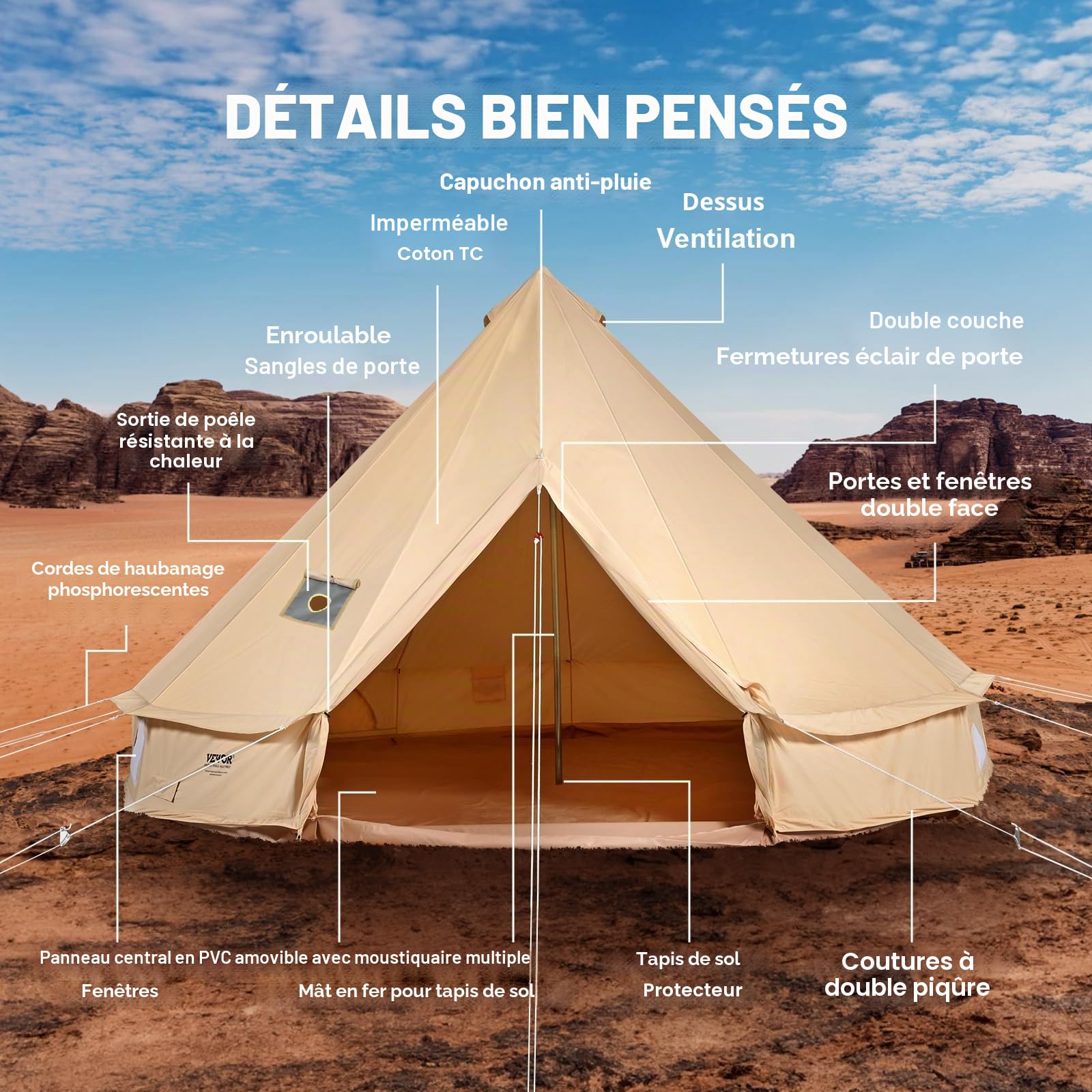 VEVOR Tente Cloche en Toile Tente de Yourte 4 Saisons Tente de Camping Familial avec Trou de Poêle à Bois, Sacs de Rangement pour Glamping, Groupes en Plein Air, Fête, Chasse