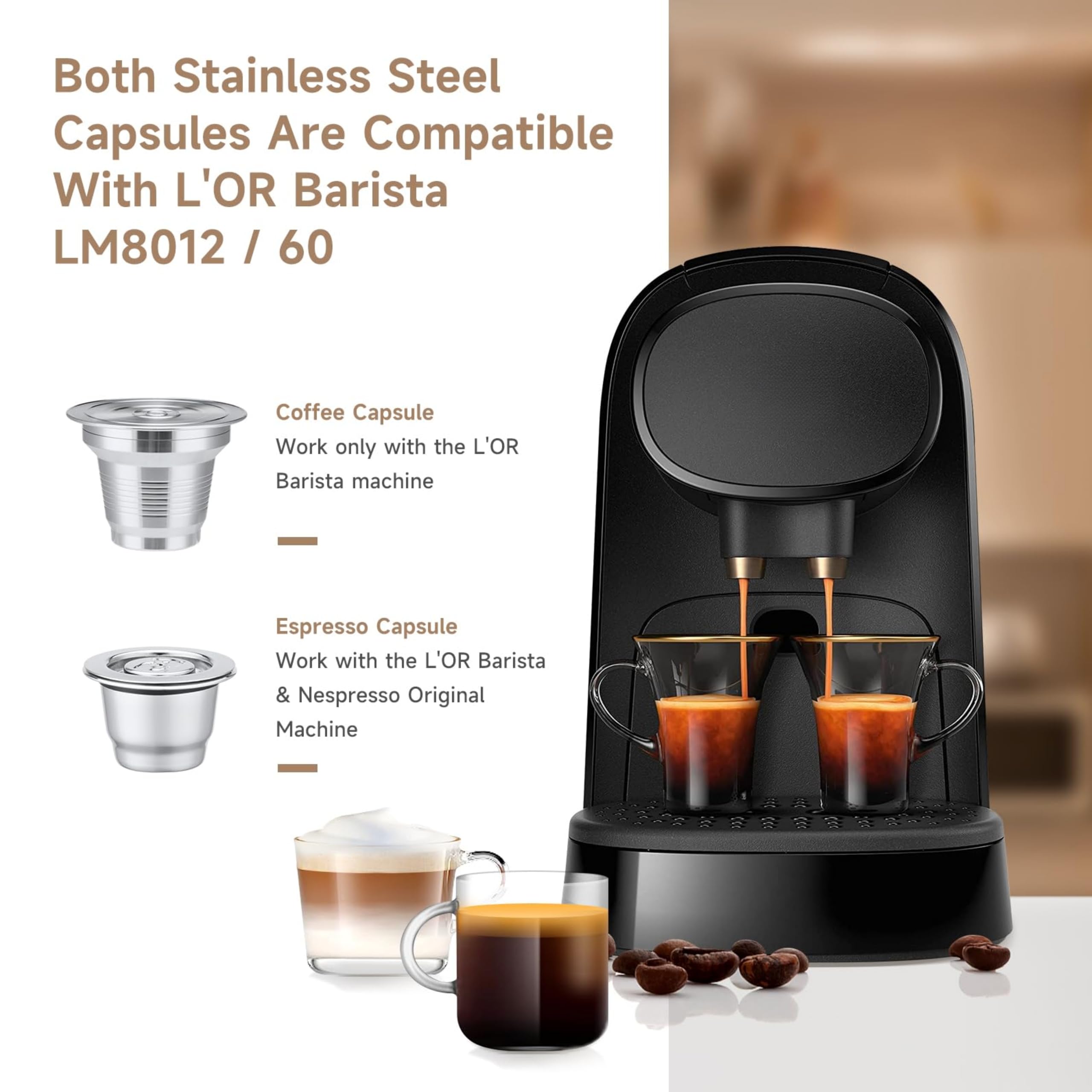 2 cápsulas de café reutilizables de acero inoxidable compatibles con L'OR Barista LM8012 / 60, cápsulas de café recargables de metal L'or Espresso con manipulación (grandes y pequeñas)