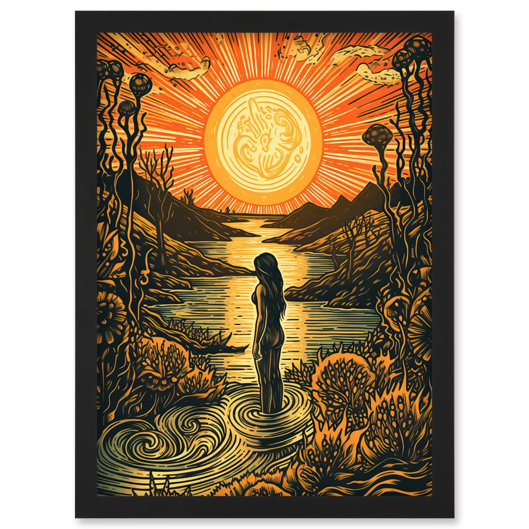 Artery8 Woman Bathing in Creek at Sunset Modern Linocut Artwork Framed Wall Art Print A4