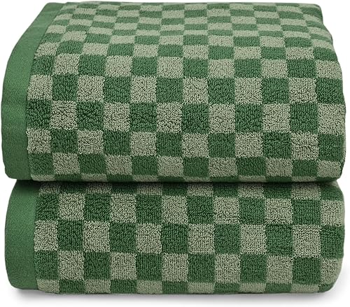Toallas de baño de lujo para baño, color verde a cuadros (54 x 28 pulgadas), toallas de ducha de algodón suave y absorbente de 480 GSM, paquete de