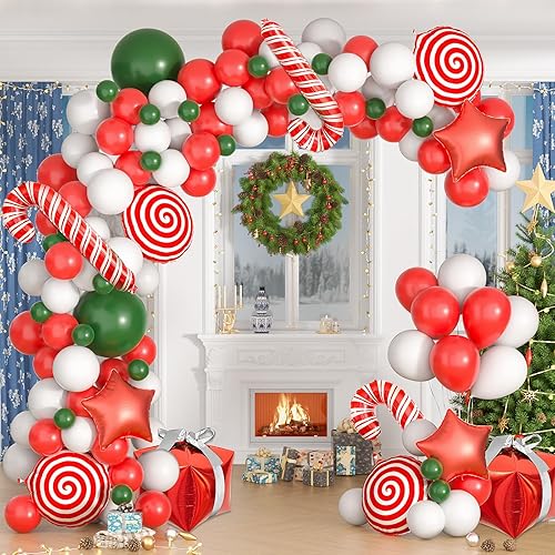 RHGBINLI Christmas Balloon Garland Arch kit - 114 Pieces Red Green and White Balloons with Candy Cane Balloons for Xmas Party Decorations, 32in 24in 18in 12in 10in 5in