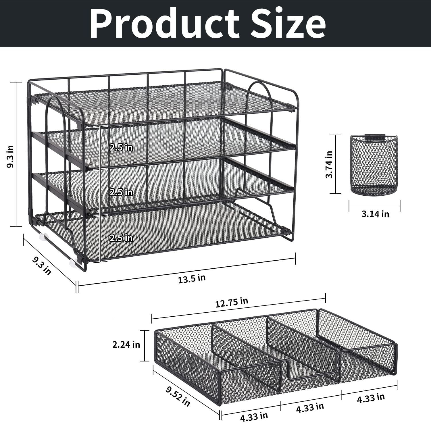 Spacrea Desk Organizers and Storage - 4-Trays Paper Letter Tray Organizer with Drawer and 2 Pen Holder, Desktop File Organizer for Desk Organizer , Office Desk Accessories(Black)