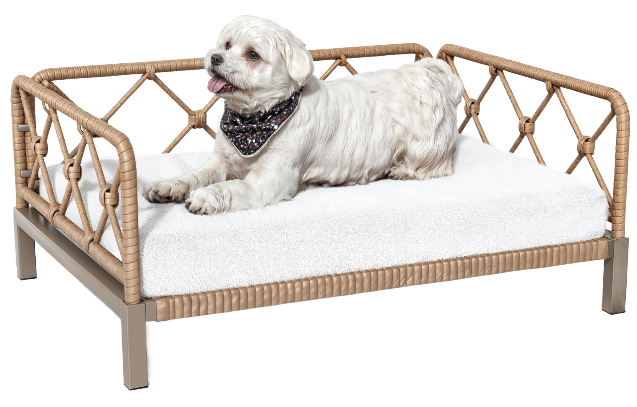 wallowsun Dog Bed with Cushion, Cooling Elevated Raised Beds with Rattan Breathable Mesh and Universal Mat, Indoor & Outdoor Pet Cots for Small Dog,