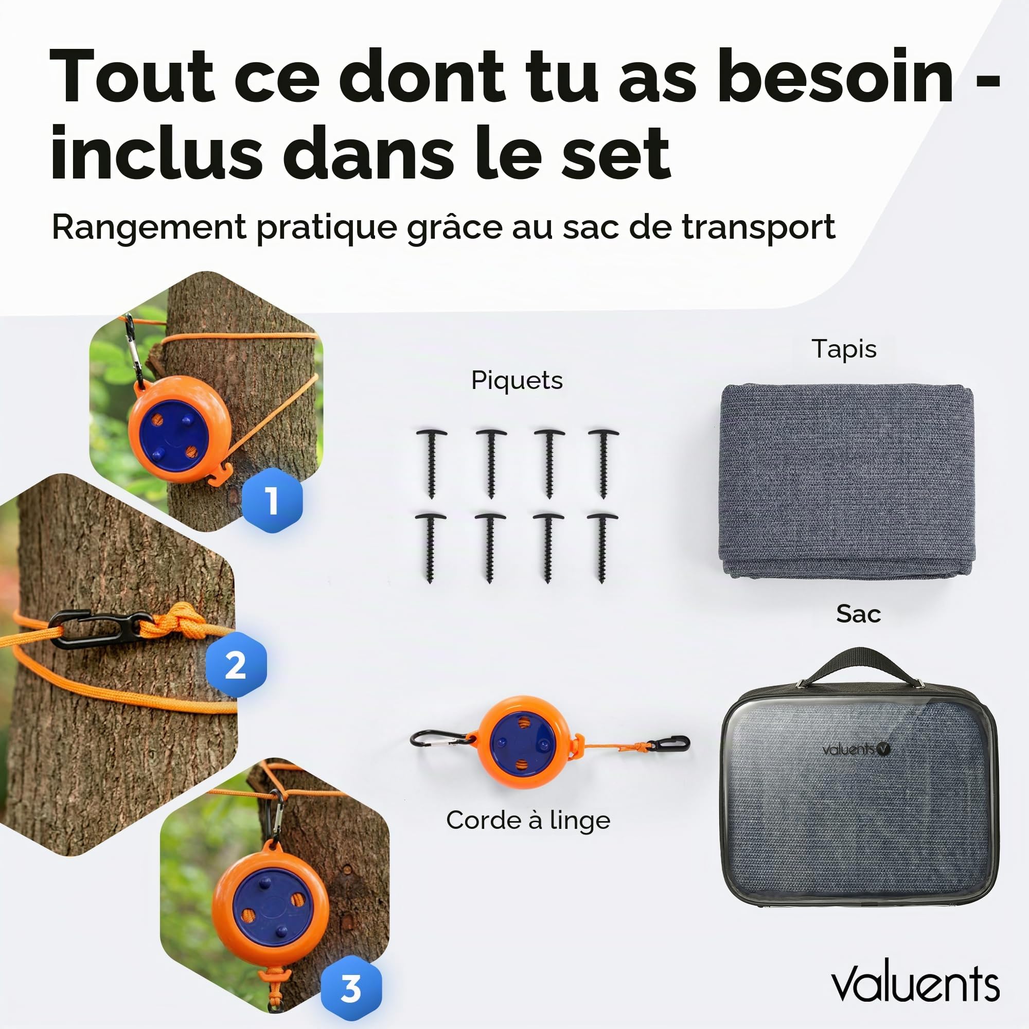Tapis de camping extérieur pour auvent - Bleu/gris - Différentes tailles - avec sac de transport, corde à linge et 8 piquets en T