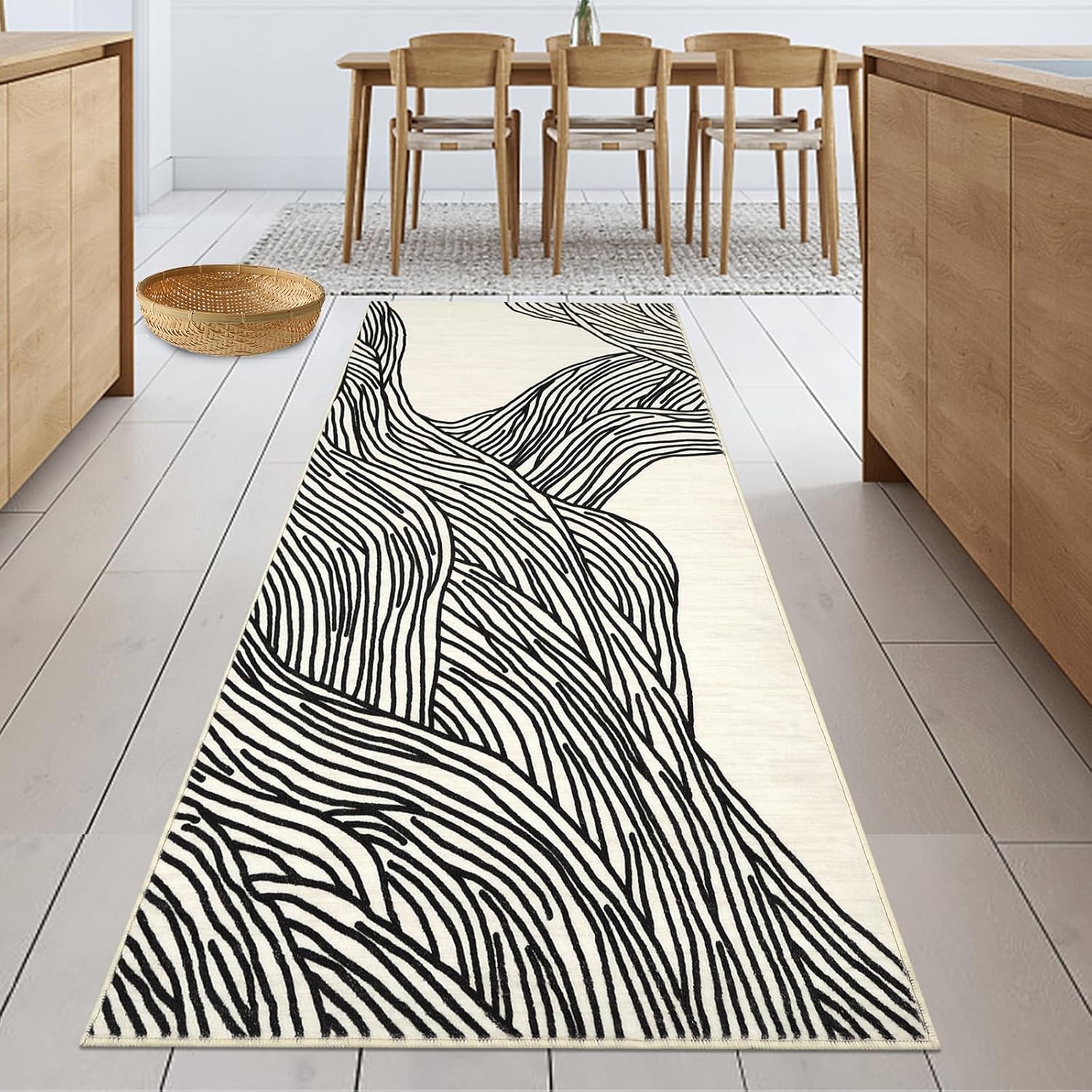 COZYLOOM 2x6 ft Runner Rugs for Hallway, 350gsm Plush Fake Lamb Wool Carpet, Machine Washable Non-Slip Foldable TPR Backing, Modern Swimming Pattern for Entryway Kitchen（Black and White）