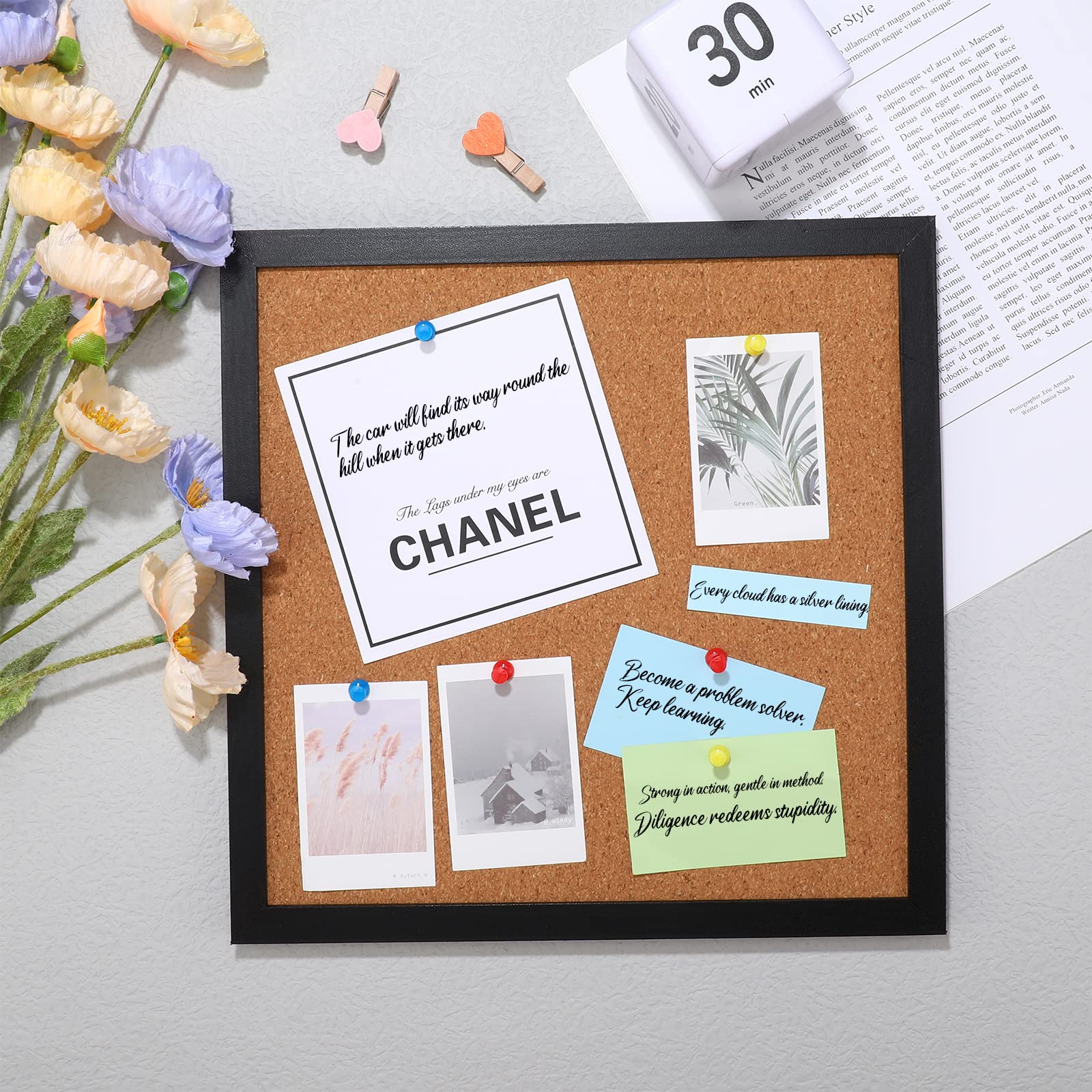 Treela 8 Packs Cork Bulletin Board with Frame, Decorative Linen Bulletin CorkBoard Small Push Pin Board with 32 Push Pin 16 Clips for Office School Wall Home Picture Photo (Black,Square)