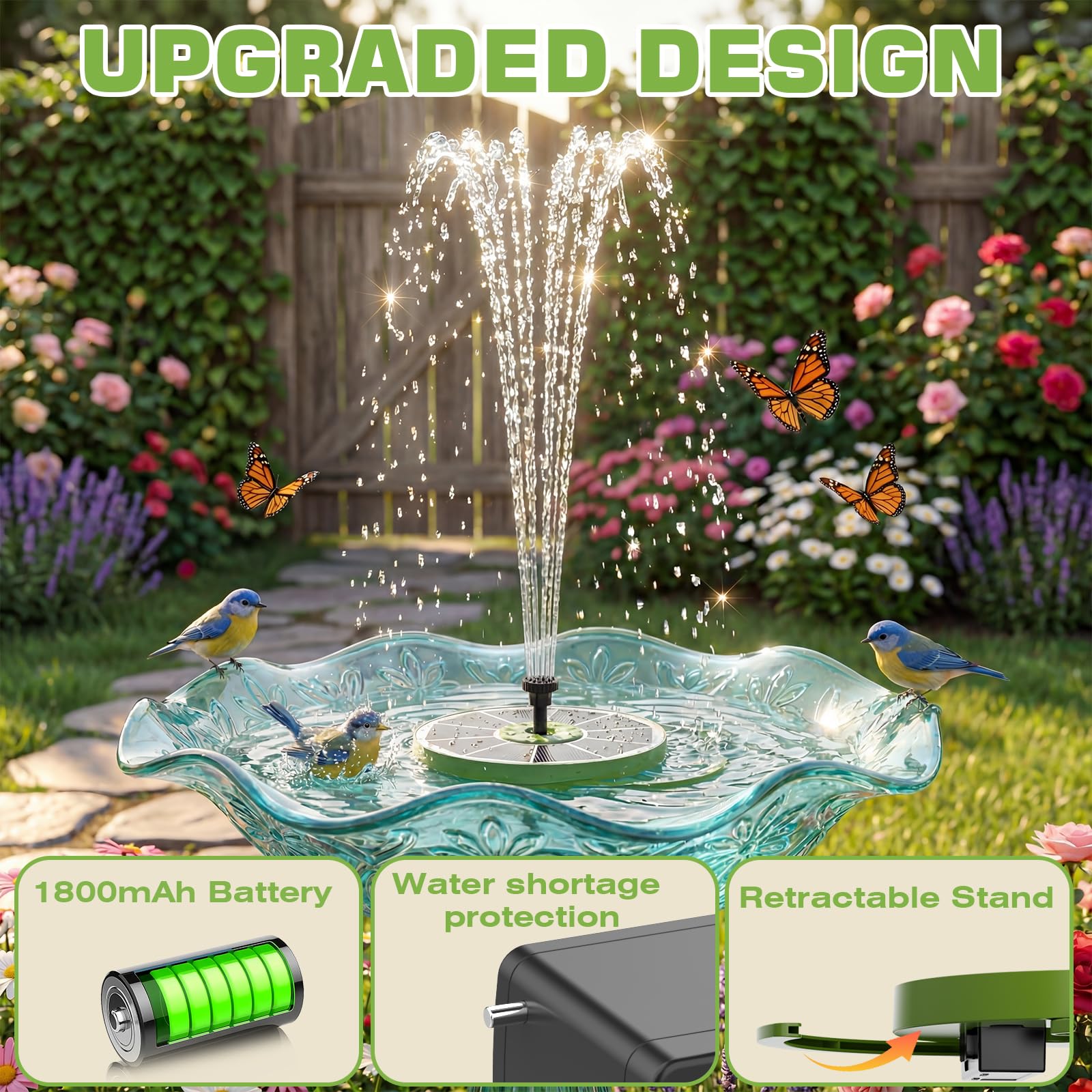 AISITIN Solarbrunnen für Draussen Verbessert mit Batterie, 3,5W Solar Schwimmender Fontäne Pumpe mit Verschiedene Sprüh Effekten, Solar Springbrunnen für Außen mit Grün Glasscheibe für Garten,Vogelbad