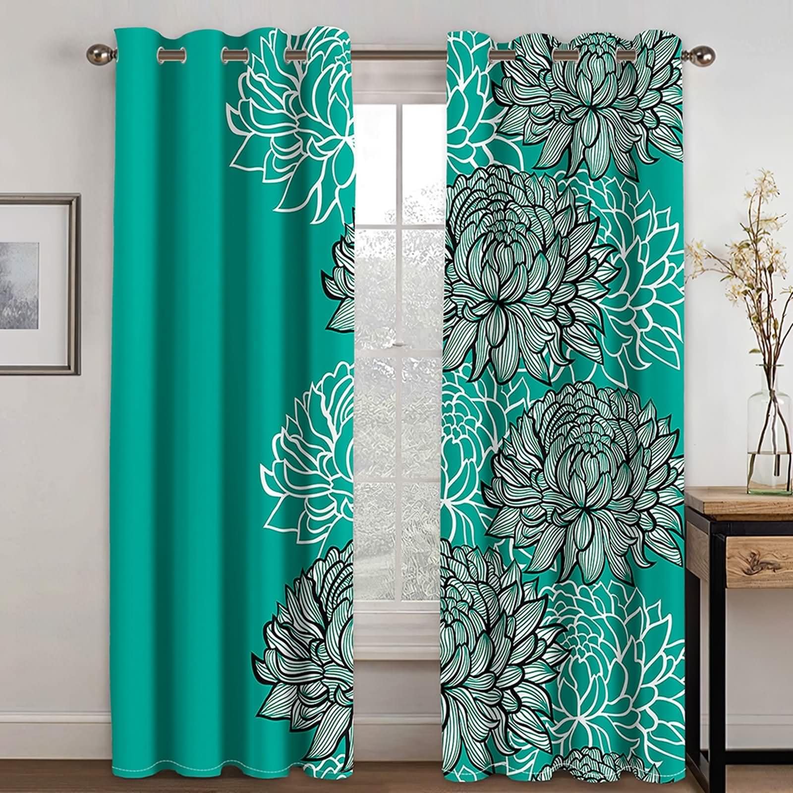 Zestaw 2 zasłon zaciemniających do salonu, 2 x 214 W x 229 cm, zasłony z oczkami, wzór kwiatowy, zasłony do sypialni, pawiowa zieleń