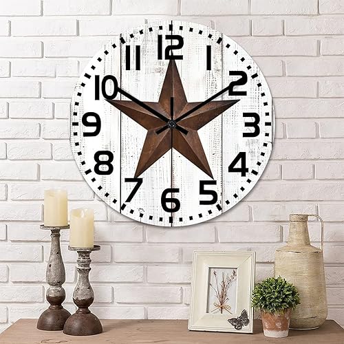Reloj de pared decorativo de 12 pulgadas, con estrella de Texas occidental, vintage, de madera, silencioso, sin tictac, funciona con pilas, reloj de