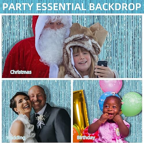 Miniatura 5 de Paquete de 6 cortinas de fondo de flecos de papel de aluminio, 3.28 x 8.2 pies, serpentinas de oropel azul claro, cortinas de flecos metálicos de