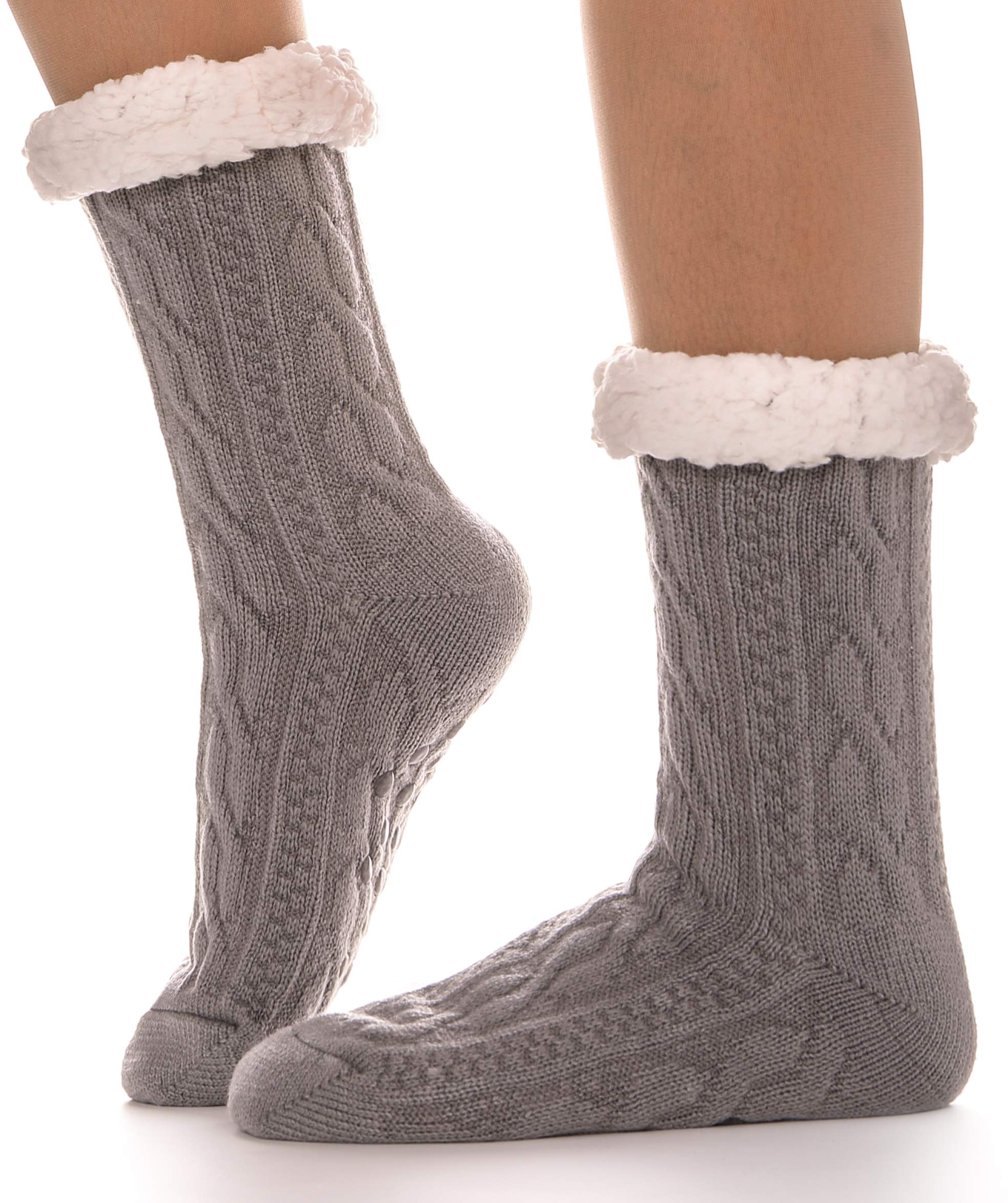 ProEtradeWomen Slipper Socks Fuzzy Cabin Fluffy Cozy Soft Fleece Plush Winter Thick Warm Socks with Grips Stocking Stuffers(Knit-Grey)