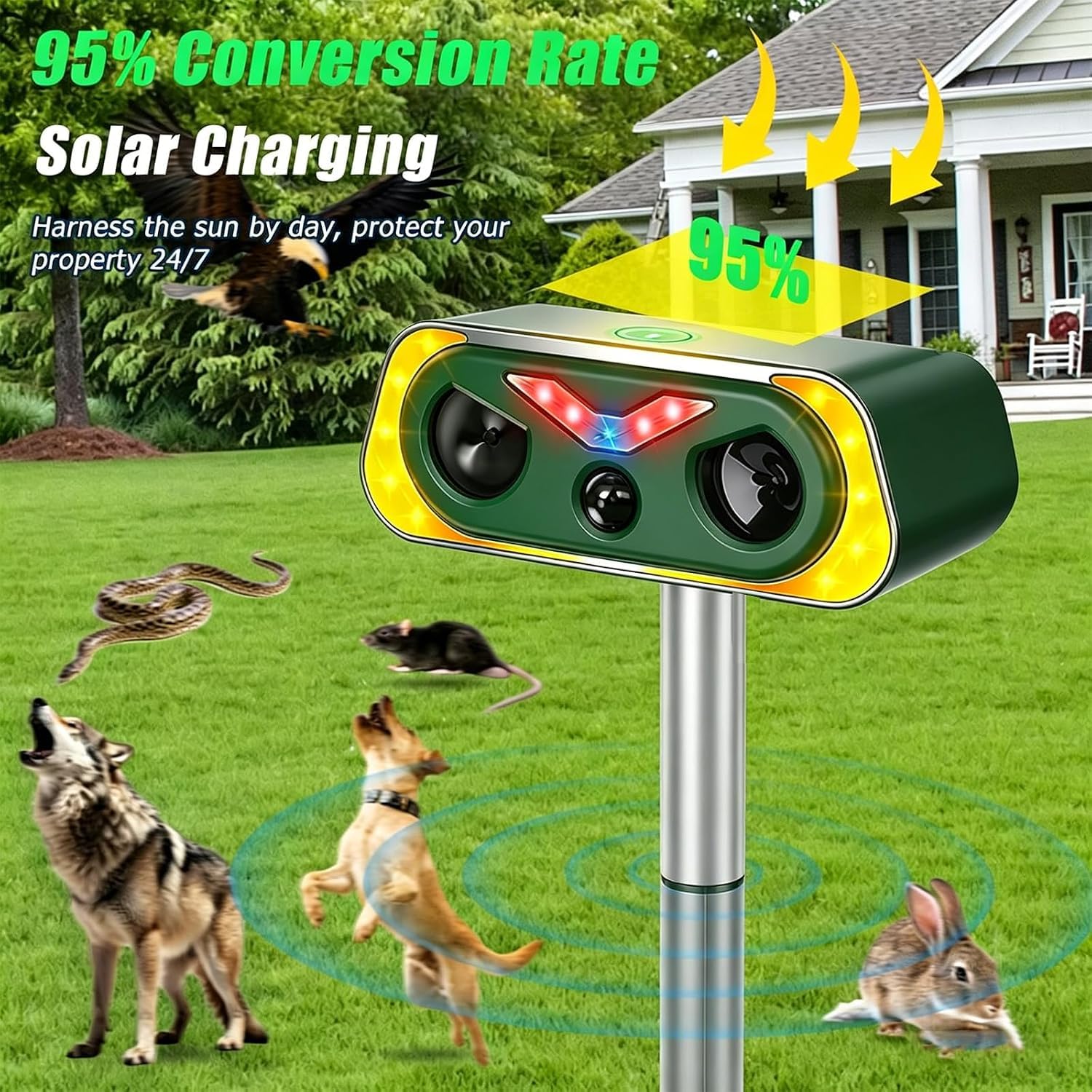 Répulsif Chat Ultrason, Repulsif Chat Exterieur 2 Modes, IP68 Imperméable, Répulsif pour Chats Solaire avec LED Détecteur pour Anti Chats Chiens Souris Ratons Animaux de Jardin