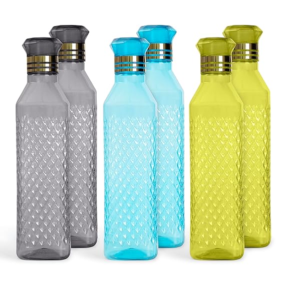 HW Kitchen Plastic Water Bottle I Water Bottle 1 Ltr | Ideal For Kitchen Home Office Travel Small Fridge For Room Gym| Unbreakable & Leak Proof I BPA Free | Set Of 6 Water Bottles, Assorted