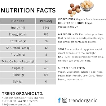 Trend Organic Macadamia Nuts 500g - Wholesome Snacking for Adults and Kids, Baking, and Nutrient-Rich Recipes - High Fibre, High Protein - Certified Organic, Vegan, Non-GMO, No Preservatives, Raw