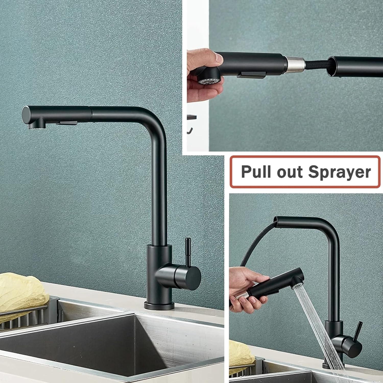 Black Kitchen Faucet with Pull Down Sprayer 304 Stainless Steel Single Handle Sink Faucet for Farmhouse RV Bar Laundry Sinks Durable & Stylish Design
