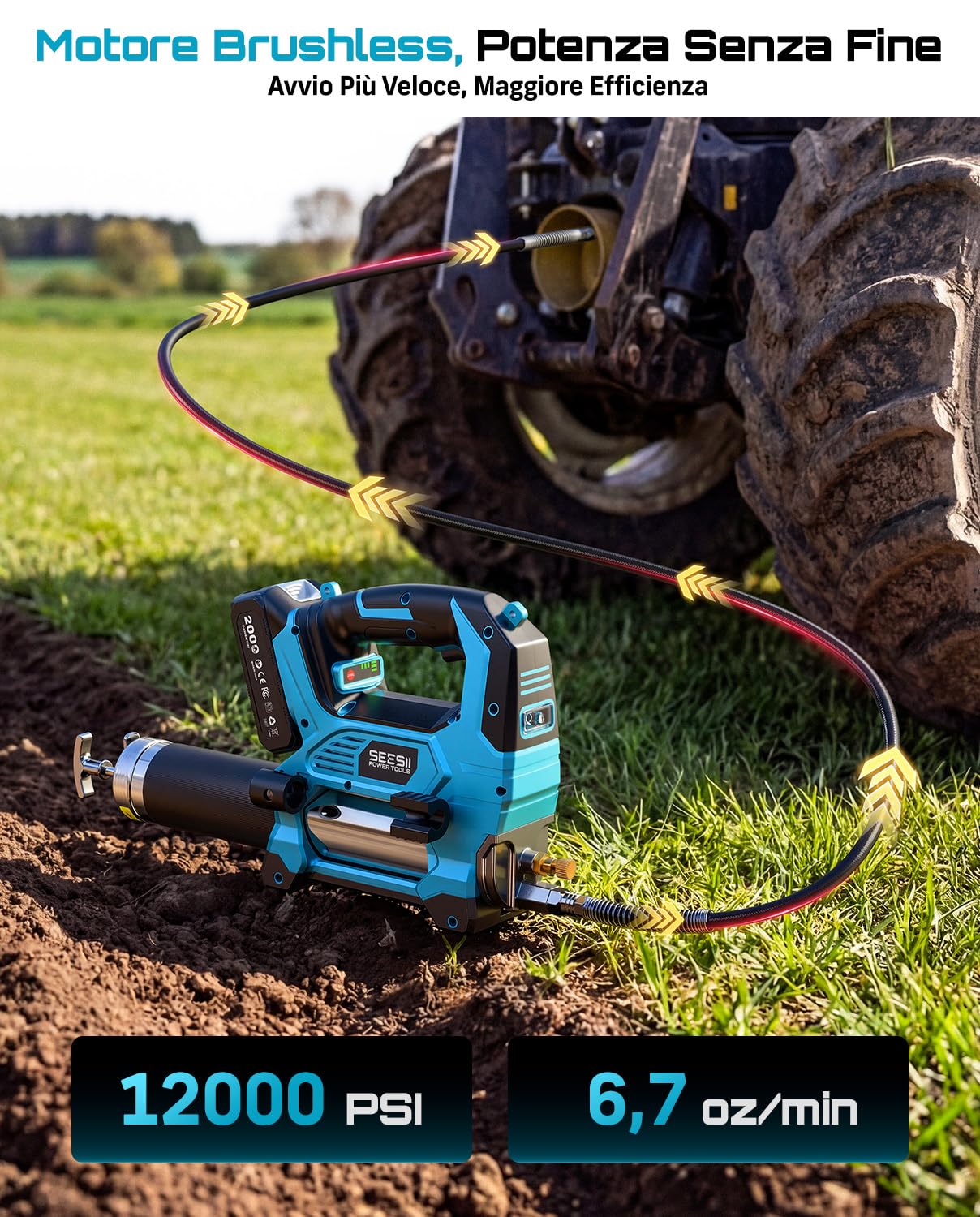 Seesii 12.000PSI Ingrassatore a Batteria con 2 Batterie (compatibili Anche con batterie Makita da 18 V), 3 velocità, Motore Brushless, 3 Testina Ingrassatore, Tubo da 1.2m, per Attrezzature Pesanti