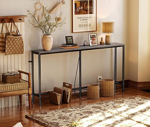 Miniatura 7 de SUPERJARE - Mesa de consola con toma de corriente, mesa de sofá de 63 pulgadas con estación de carga, mesa estrecha para pasillo y entrada, mesa