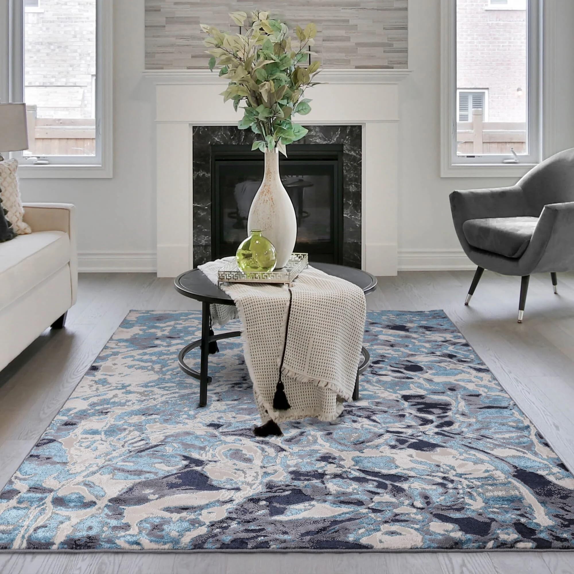 Lord of Rugs Modern Abstract Shiny Rug Silky Shimmer Soft High-Shine Carpet for Living Room, Bedroom Luxury Geometric and Marbled Patterns Rug Foam AU21 Blue, Medium 120 x 170 cm (4'x5'6")