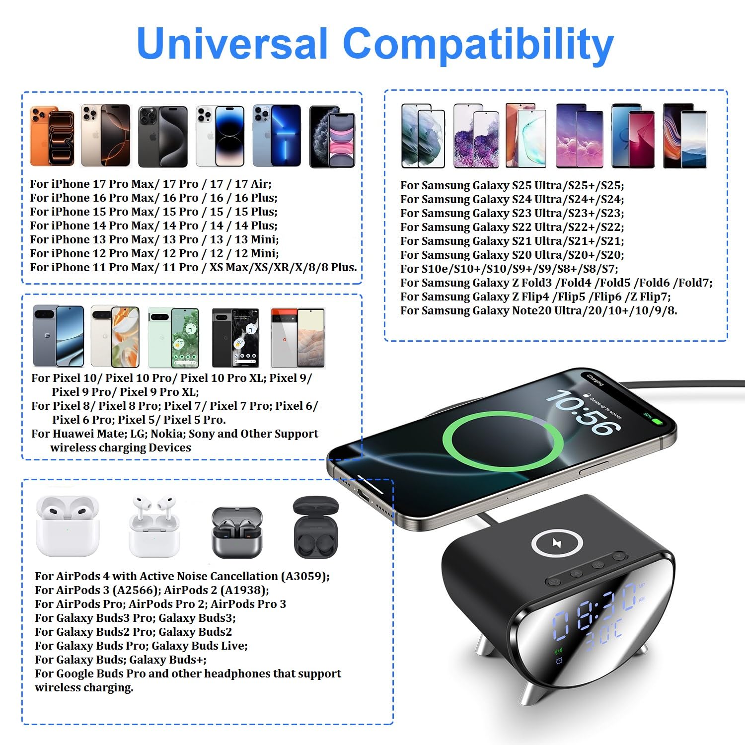 Chargeur sans Fil avec Horloge/Réveil Numérique, Chargeur à Induction Station de Charge pour iPhone/Samsung Galaxy/Pixel, Réveil de Chevet, Horloge de 12/24h, Affichage LED avec Température, Noir