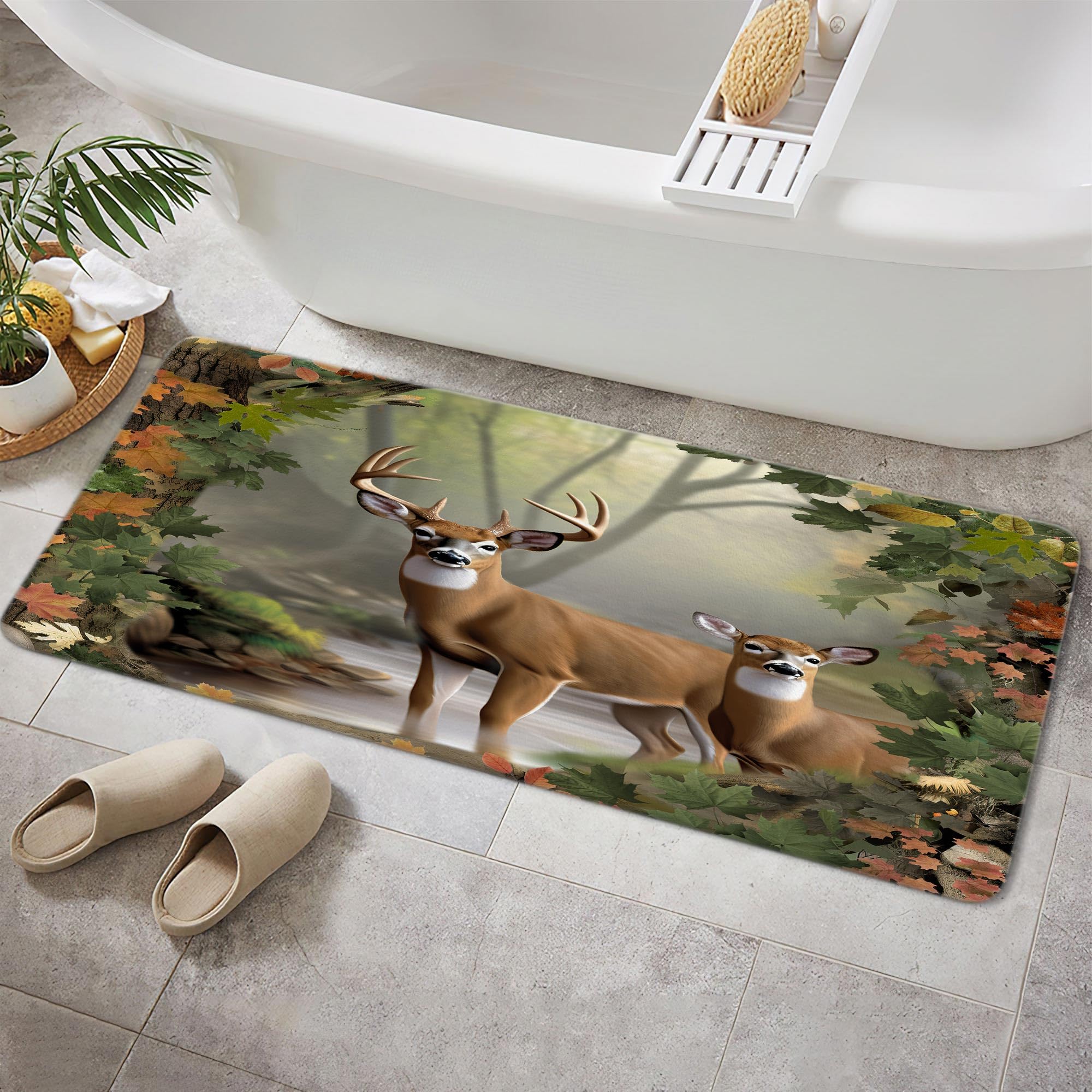 JAWO Camo Hunting Bath Mat, White-Tailed Deer in The Foggy Forest Non-Slip Rug, Deer Design 19X31 inches