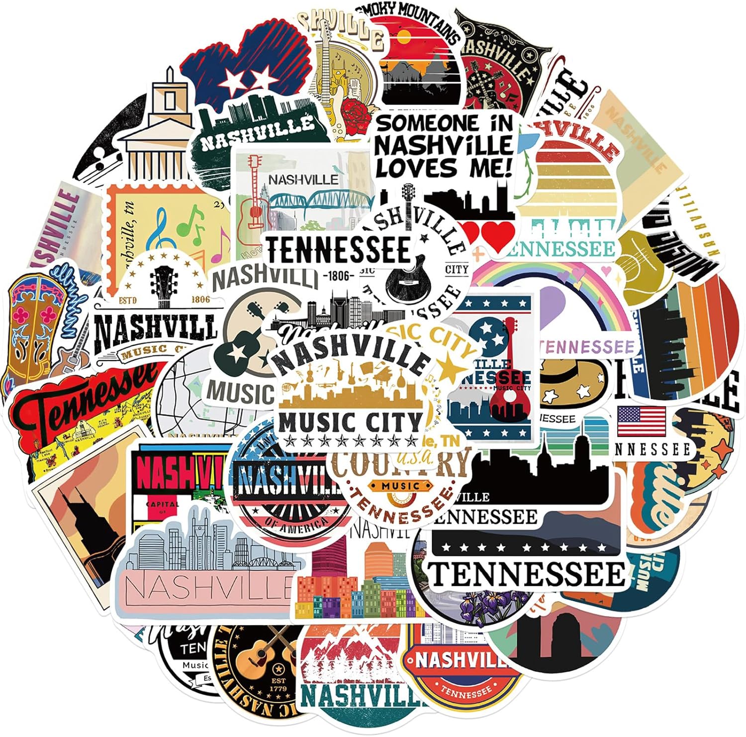 50 Pcs Tennessee Nashville Stickers,Waterproof Vinyl Music City Decals for Water Bottles Laptop Luggage Cup Mobile Phone Skateboard Guitar Helmet Skateboard Guitar Snowboard Décor (Nashville) - Image 2