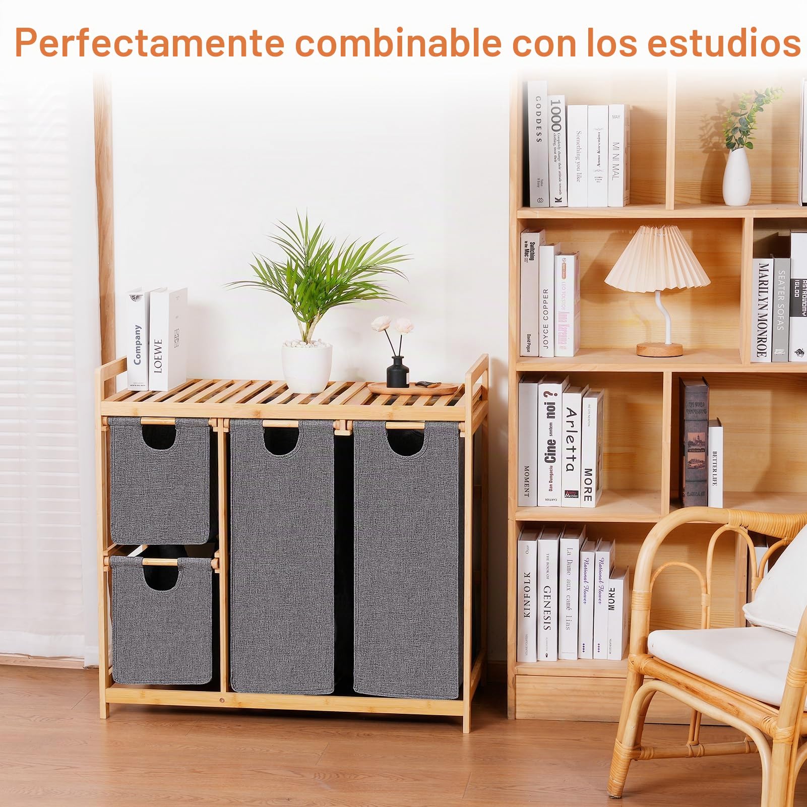 iEGrow Cesta de lavandería de 3 compartimentos con estante, cesta de bambú con ruedas, 3 bolsas de lavandería extraíbles de 50 L, organizador de lavandería gris, cesta de lavandería de 3 secciones