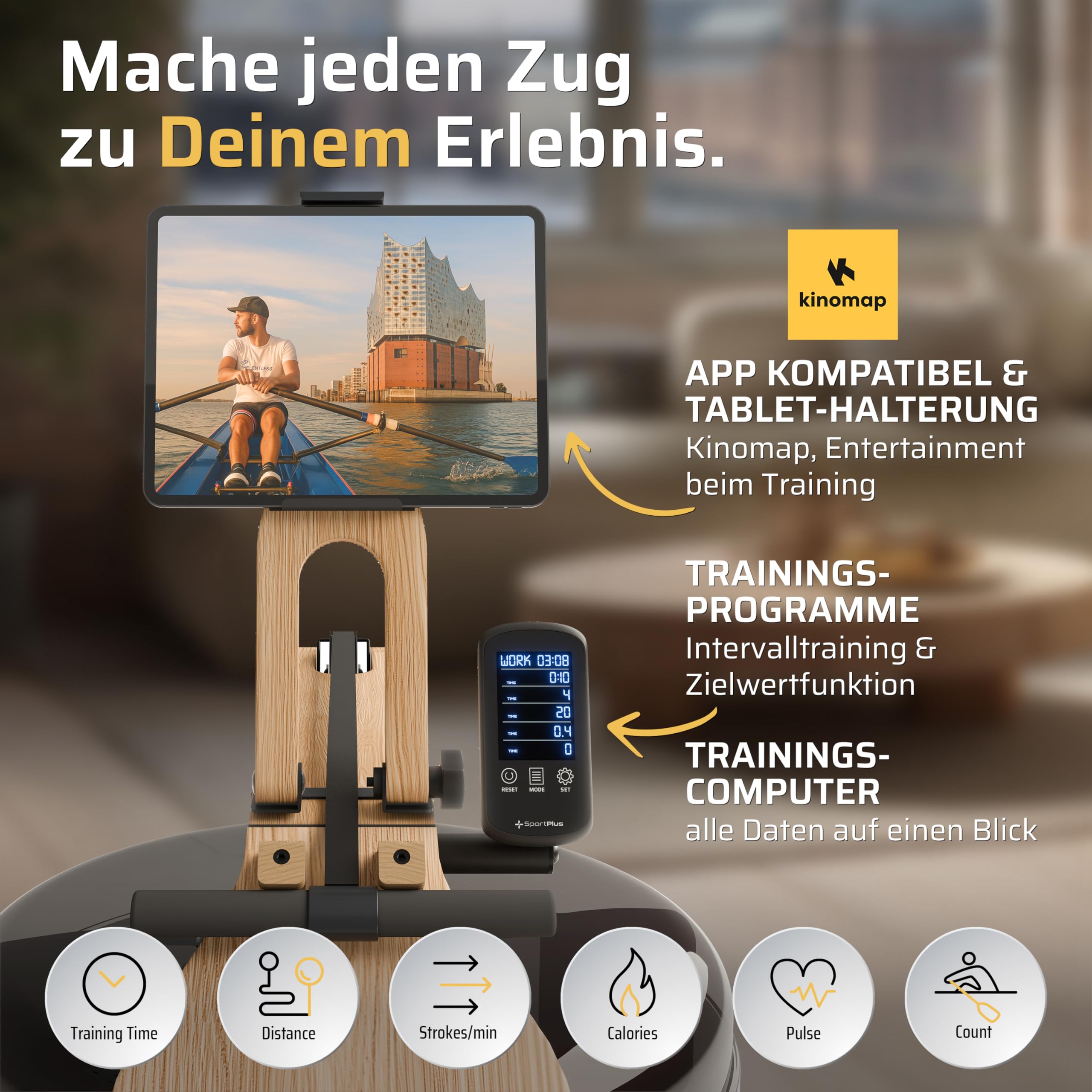 SportPlus Rudergerät für Zuhause Wasser - Wasserrudergerät Designed in Germany - Rudergerät Wasser klappbar Robustes Eichenholz - Premium Rudermaschine Holz bis 180 kg & 200 cm