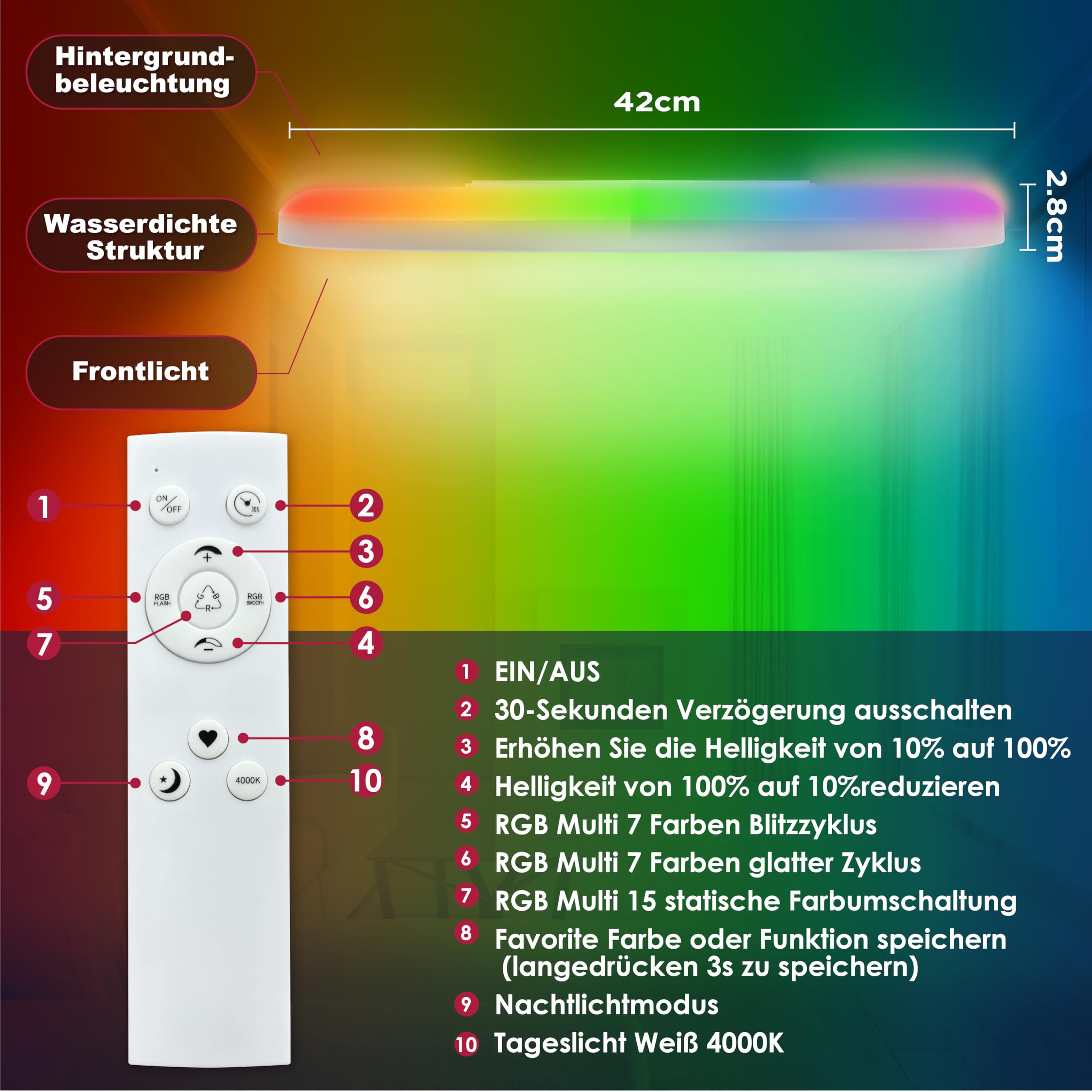 BestLuz - Lámpara de techo LED (42 x 42 cm, 24 W, RGBW, color blanco neutro, 4000 K, con efecto de control remoto, para cuarto de baño, sala de estar, cocina ultrafina,