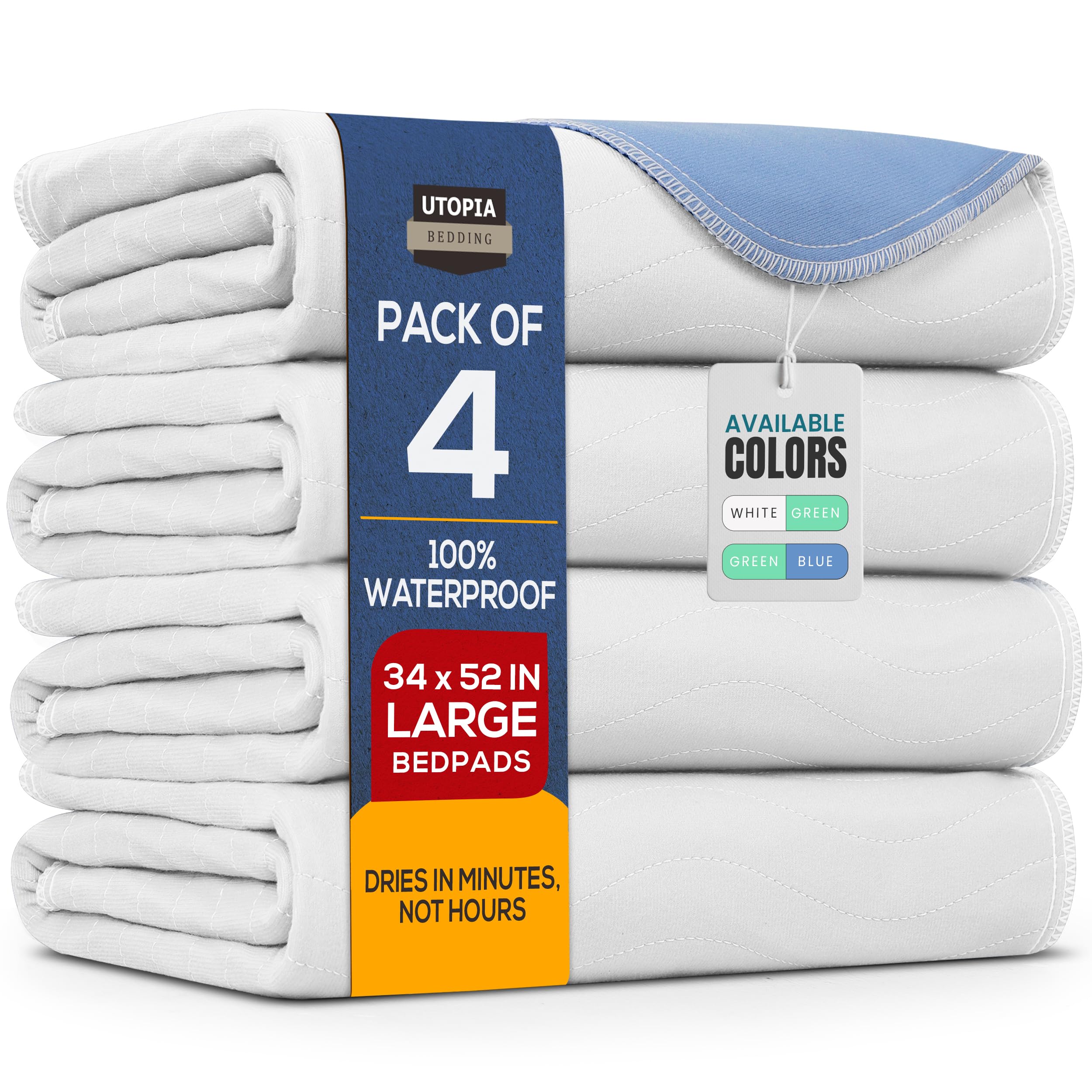 Utopia Bedding Washable Pee Pads for Dogs 34" x 52" (Pack of 4), Waterproof Incontinence Bed Pads for Adults, Elderly and Kids, Heavy Absorbency Pet Training Pads for Sofa and Couch (White, Blue)
