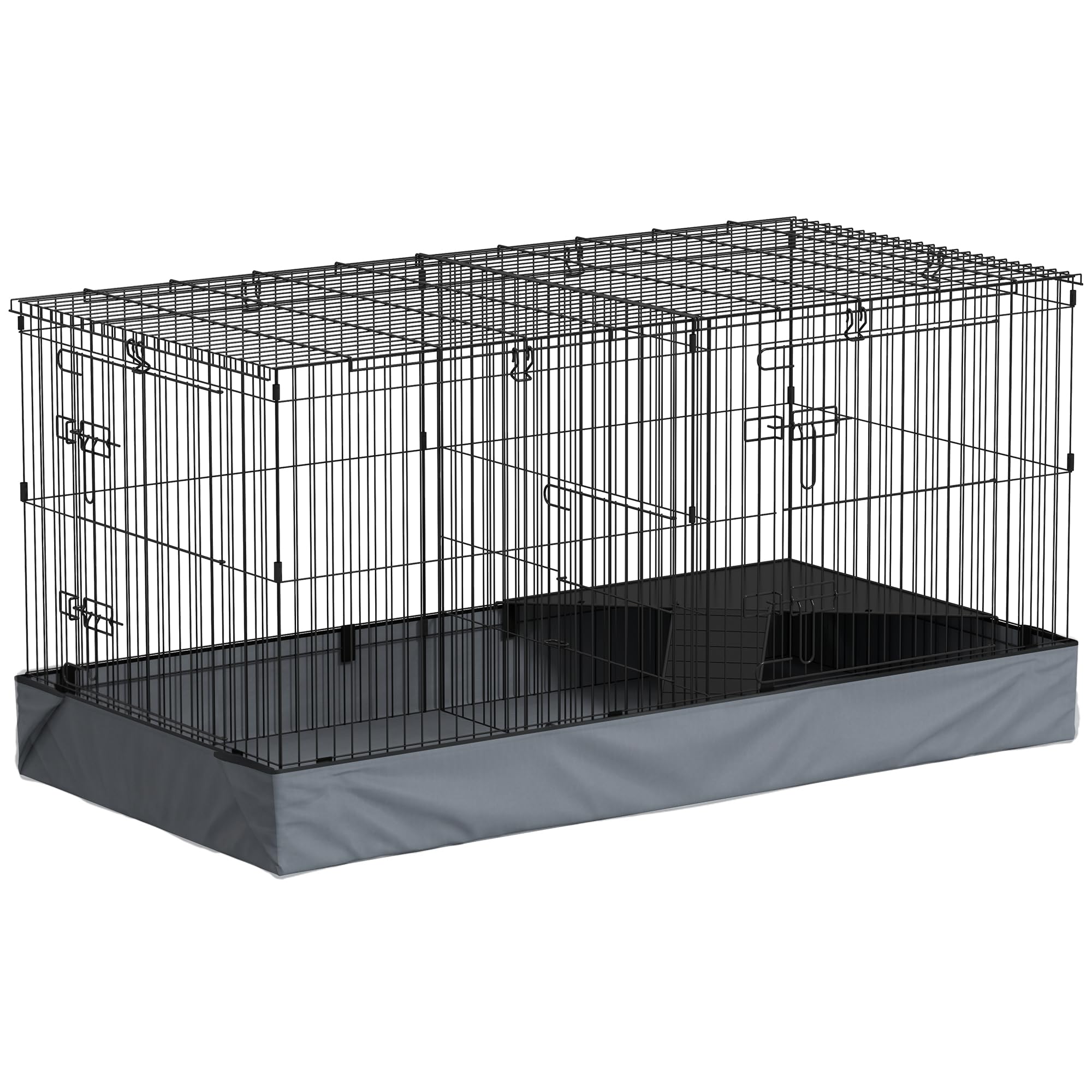 PawHut Gabbia per Animali Piccoli 2 in 1 Recinto Conigli 121x61x61 cm Nero | Porcellini d'India, Coperchio Rimovibile, Fondo Impermeabile, Gabbiette Separate, Porta Centrale, Rampa