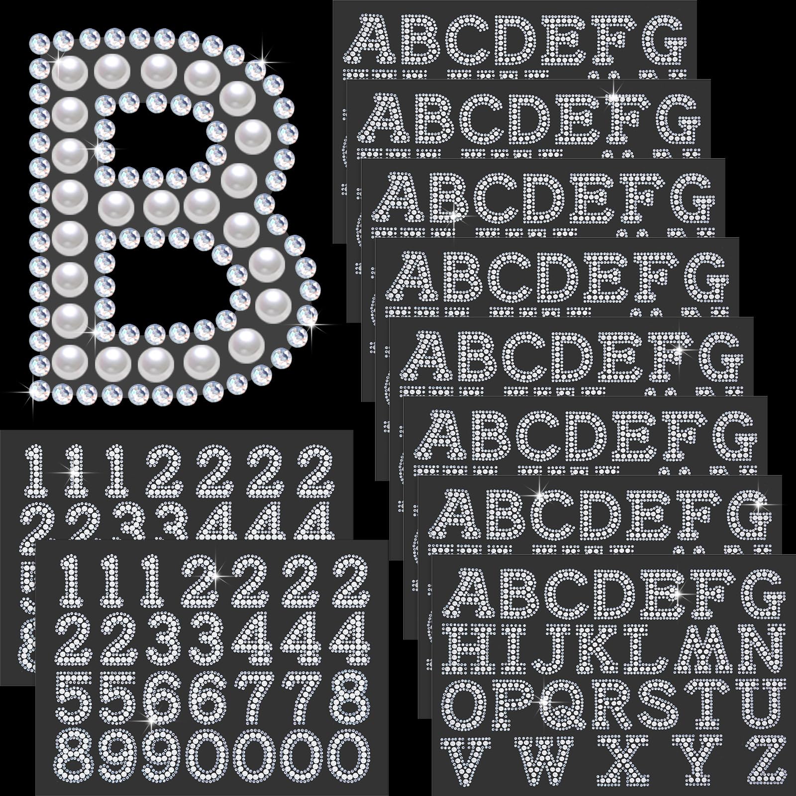 Lot de 264 feuilles d'autocollants en cristal - 8 feuilles d'autocollants en cristal - Lettres de l'alphabet de A à Z - 2 feuilles de patchs à paillettes de 0 à 9 pour loisirs créatifs