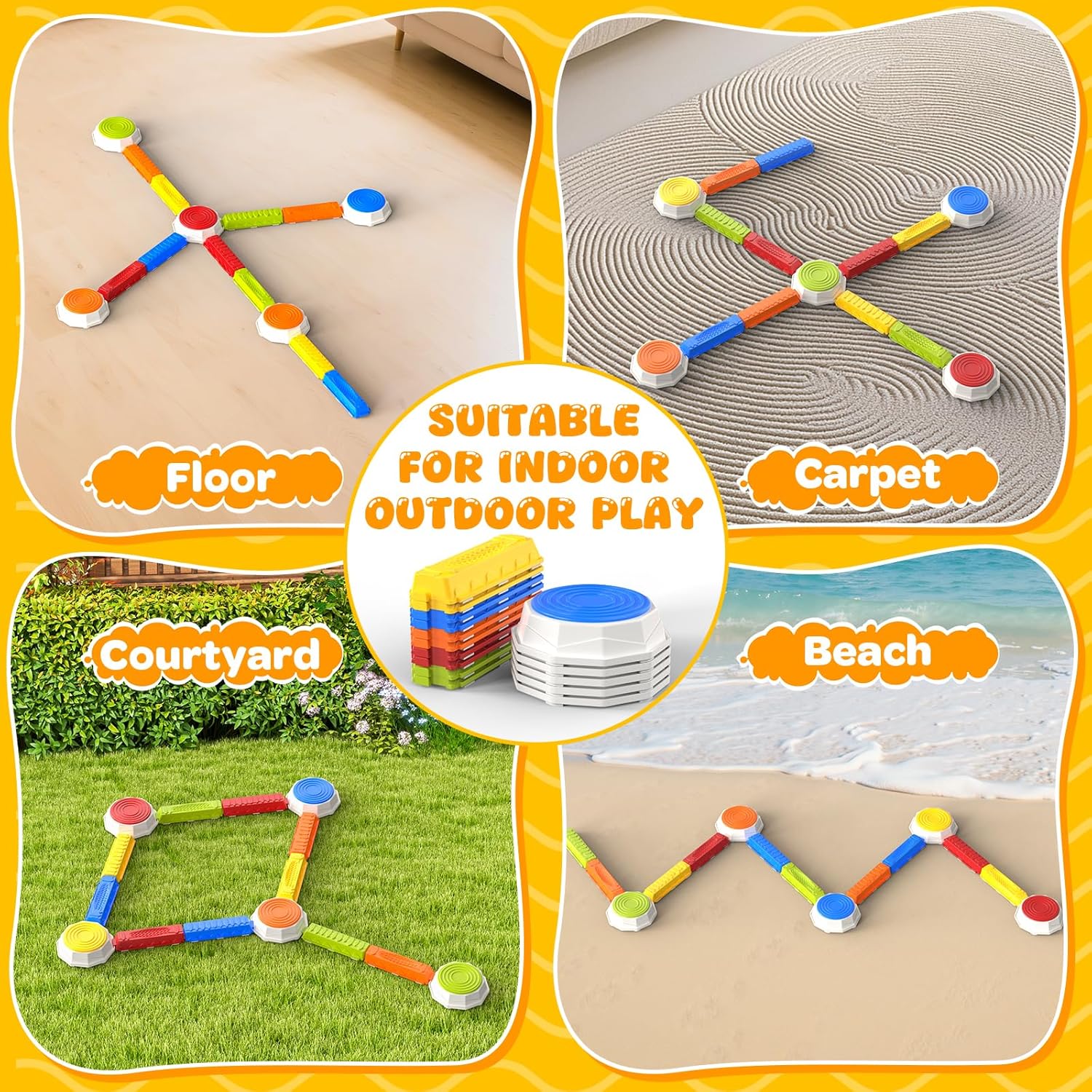 15PCS Rainbow Stepping Balance Beam Stones for Kids Toddlers - Indoor & Outdoor Sensory Toys for Outside Play Games,With Light Up&Music Non-Slip Jumping Blocks for Obstacle Course Boy Girl Gifts