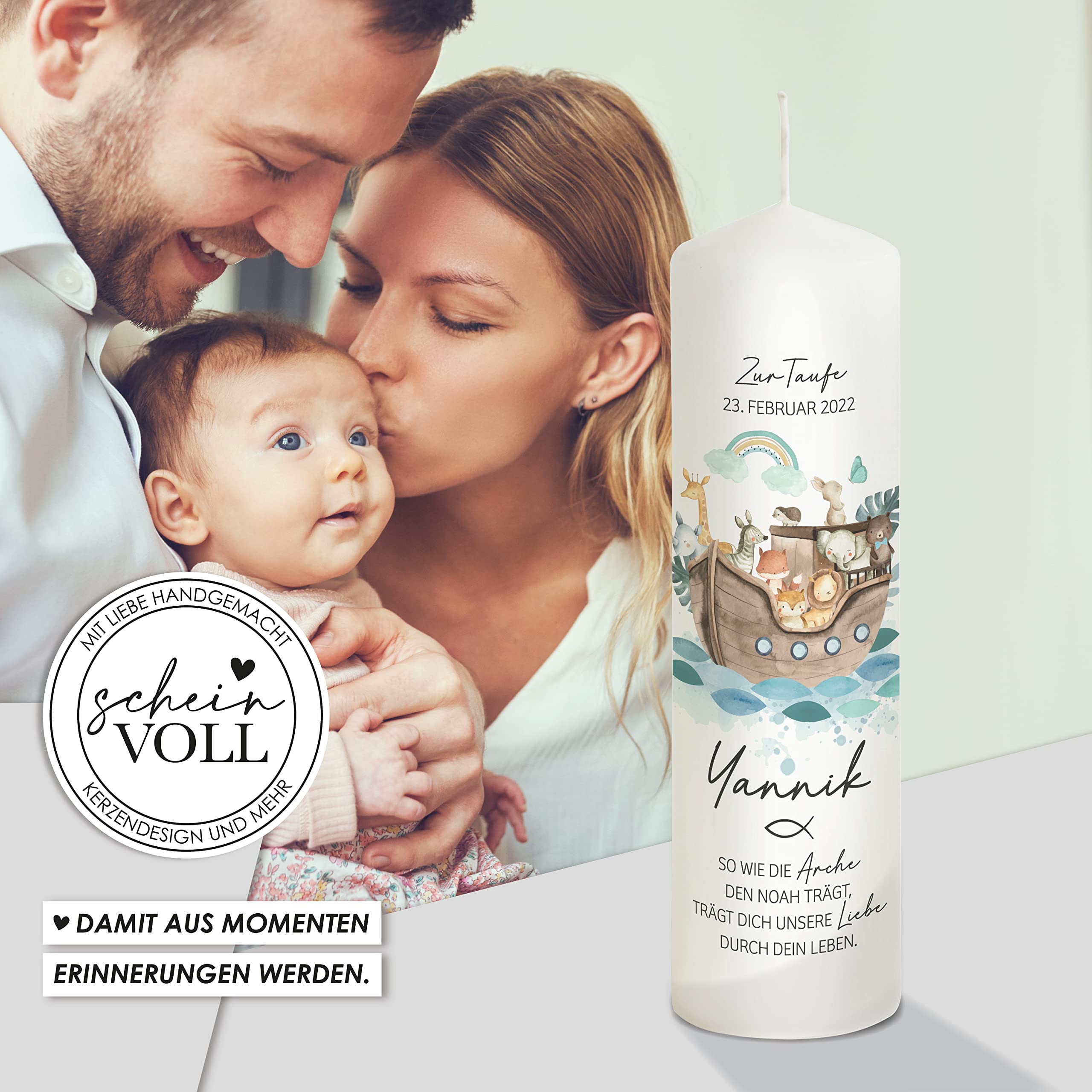 Scheinvoll® Taufkerze Arche Noah Yannik für Jungen mit Regenbogen personalisiert zur Taufe 25 x 8 cm auch mit Patenkerzen HANDMADE IN GERMANY