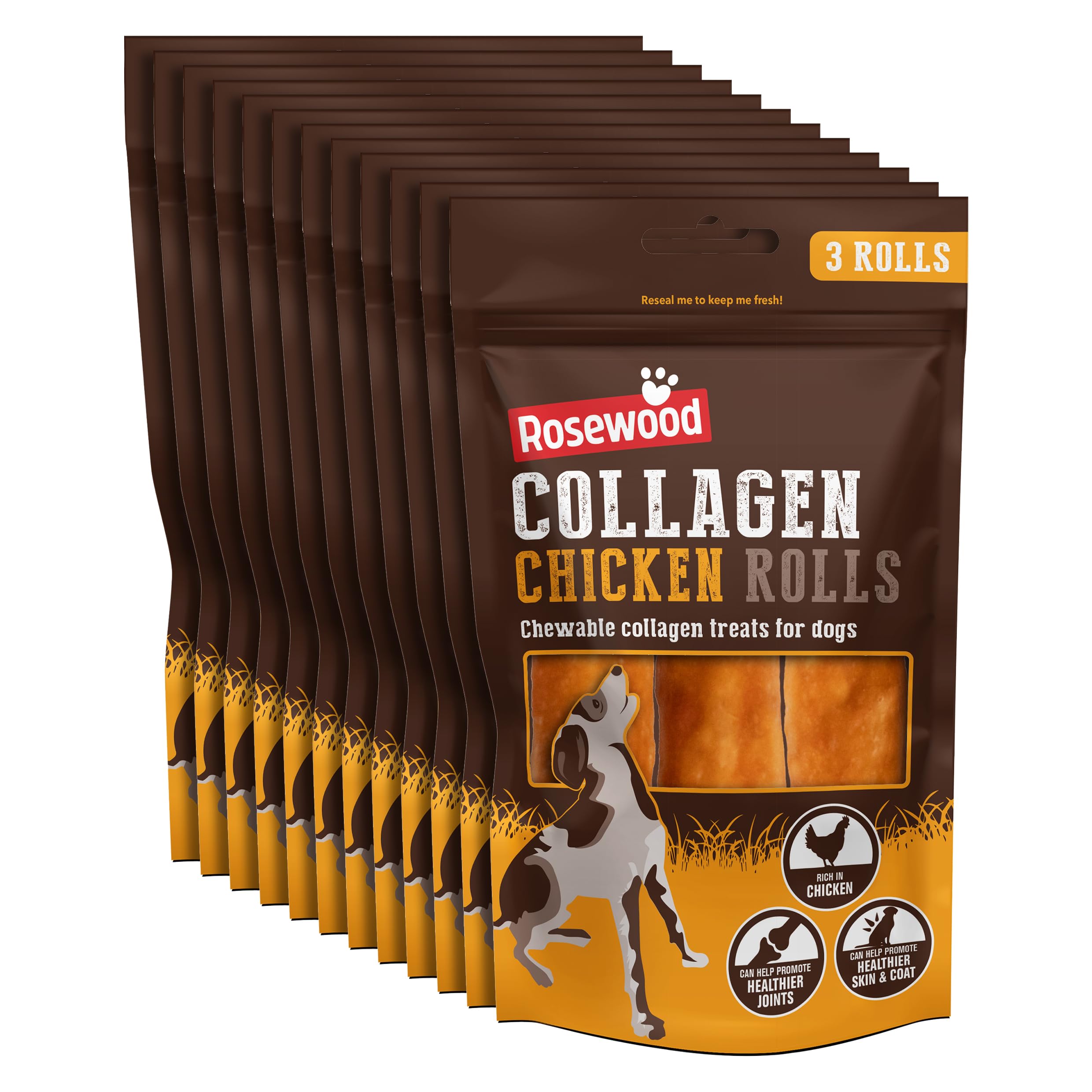 Rosewood Collagen Chicken Rolls for Dogs, Medium - Chewable Collagen Dog Treats for Medium and Large Dog Breeds, Promotes Healthier Joints, Skin, and Coat - 3pc, 70g (Case of 12 Packs)