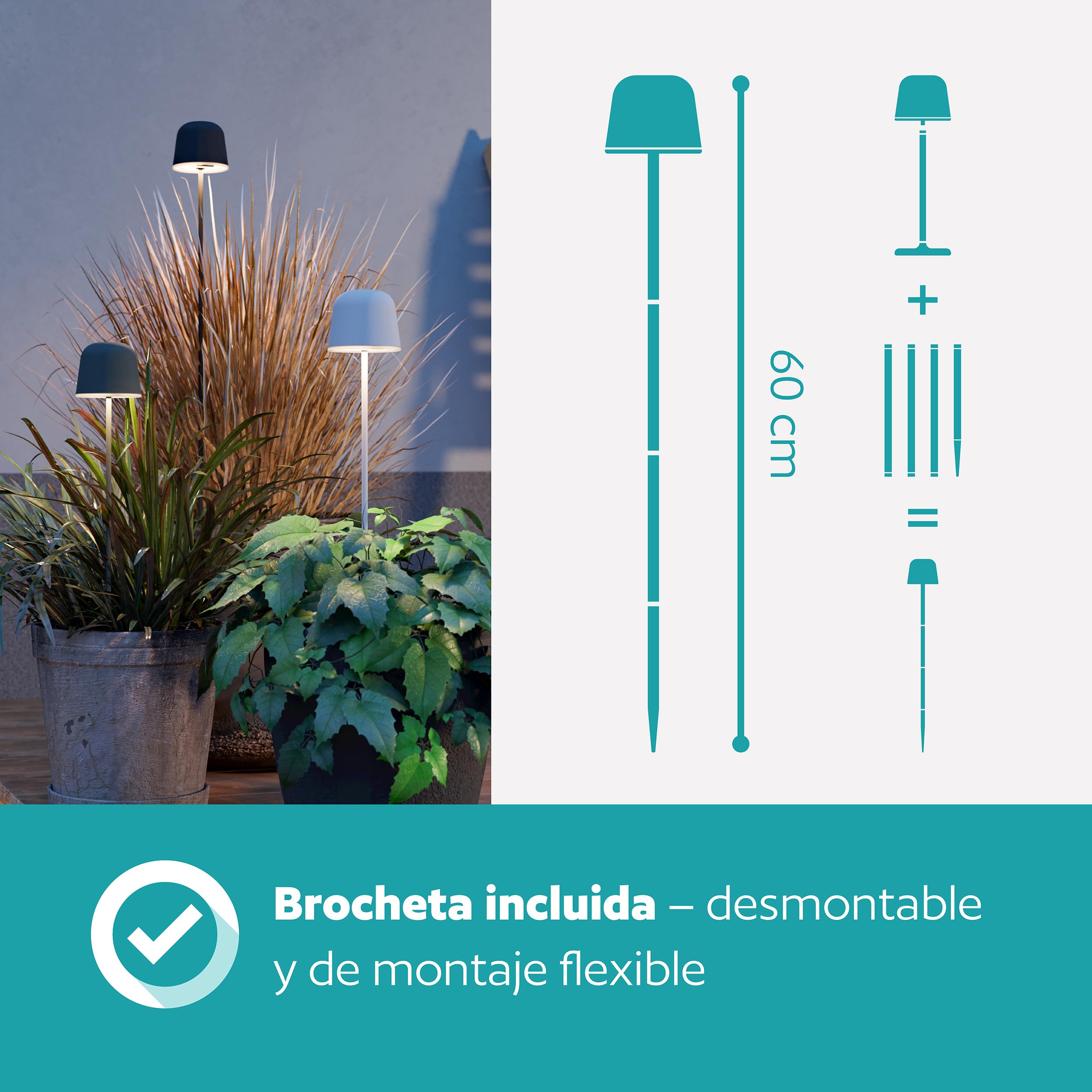 Eglo Mannera-S Lámpara de mesa LED con batería, inalámbrica, para exteriores, regulable, con estaca, aluminio, acero en beis, IP54