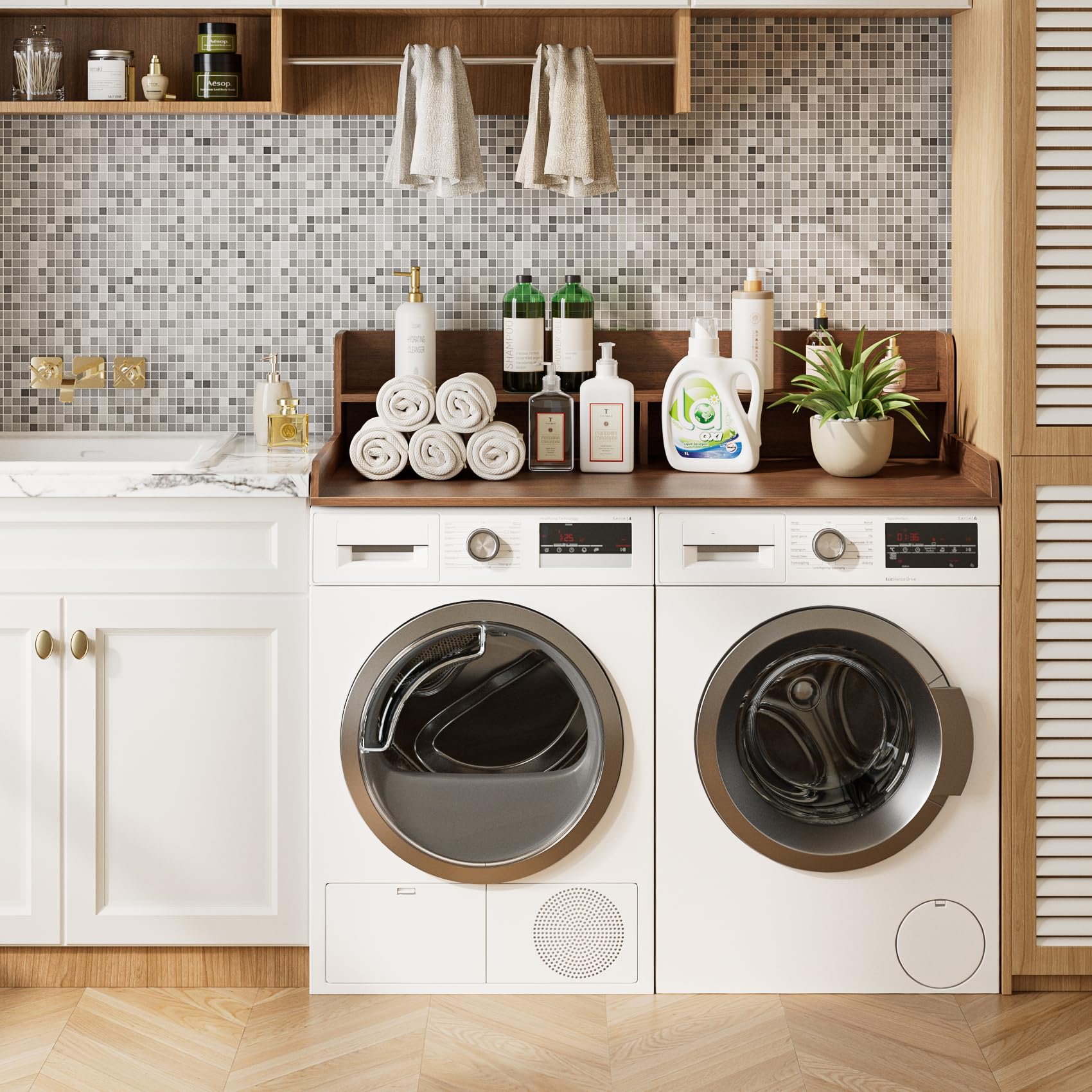 Arbeitsplatte für Waschmaschine und Trockner mit 2-stufigem Regal, Wasserabweisende Waschmaschinenabdeckung, Waschmaschinenregal mit Anti-Rutsch-Pads, Abdeckung Waschmaschine Holz, Walnuss