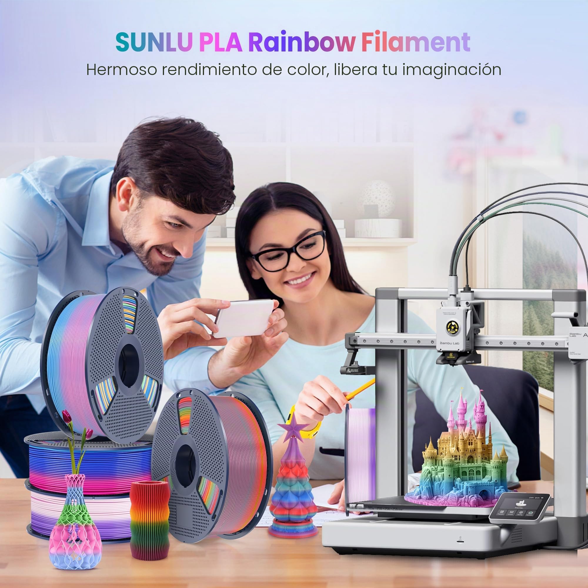 SUNLU Filamento PLA Arcoíris Multicolor Bundle, Filamento PLA con Degradado de Color para Impresora 3D 1,75 mm ±0.02 mm, Peso Total 4KG, 1KG por Carrete, 4 Carretes.