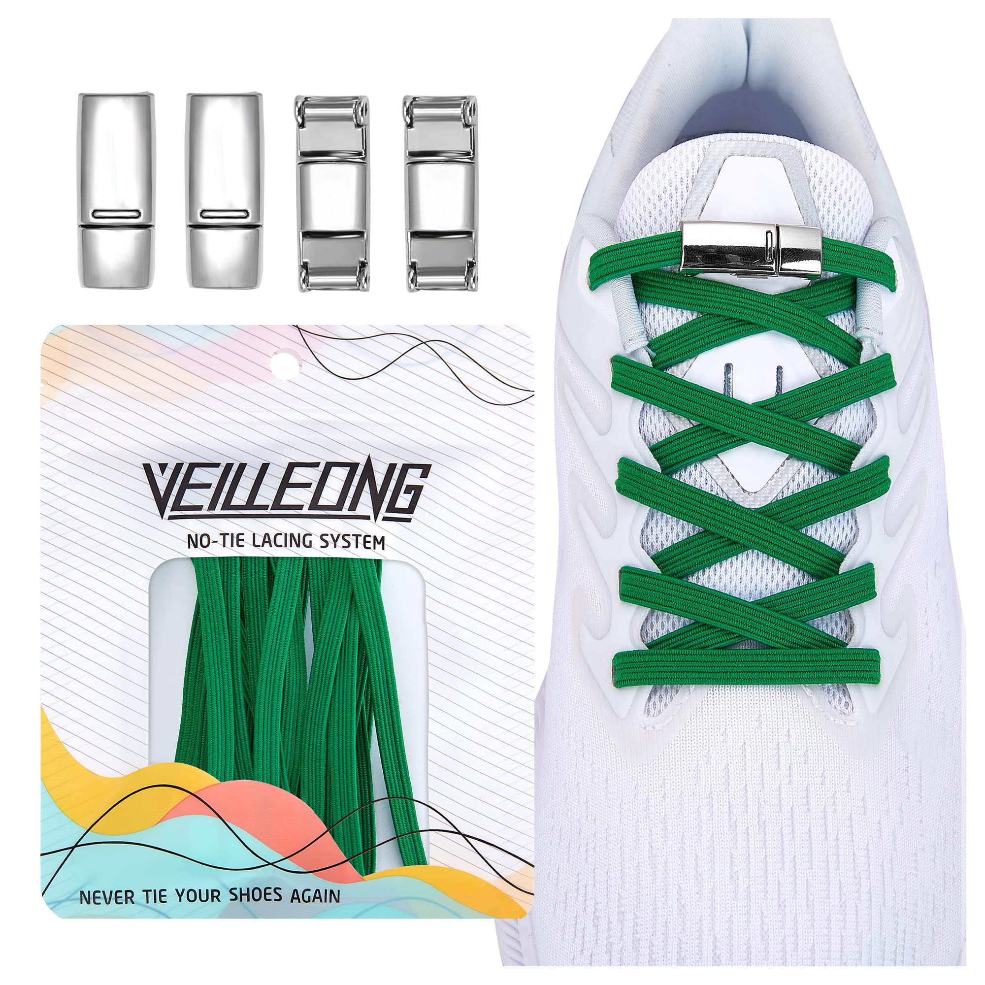 2 Pairs No Tie Shoelaces, Elastic Tieless Shoe Laces, One Size Fits for Adults, Kids, 2 Pair Green, XL