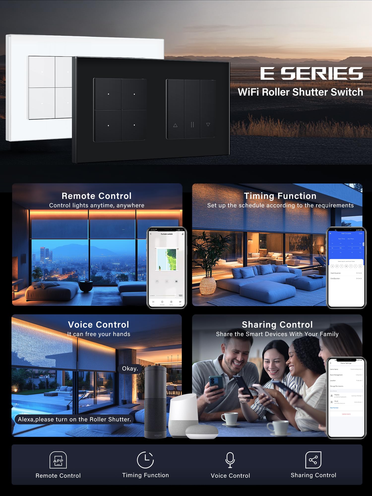 Interruttore della luce Smart WIFI con interruttore per tapparelle WLAN, 1 interruttore da parete + timer per tapparelle, compatibile con Alexa/Google Home, interruttore per tapparelle