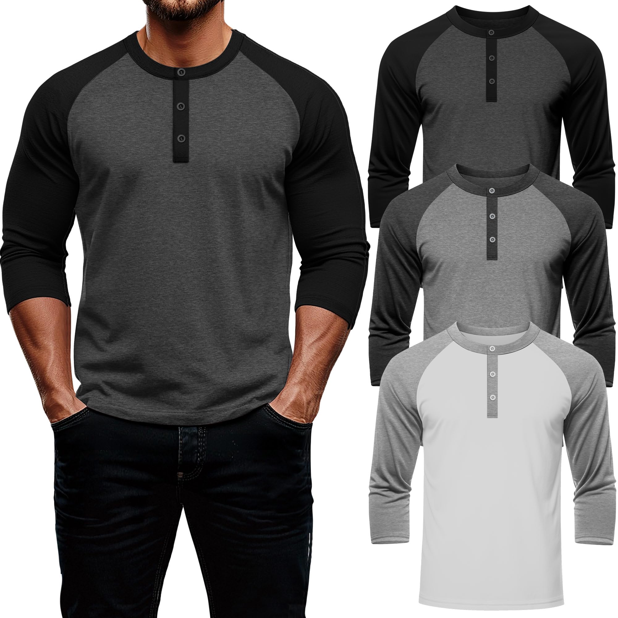 August Alley 3 Pack Men's 3/4 Sleeve Baseball Raglan T-Shirts S-3XL, Henley Tops Sport Athletic Jersey Tee Buttons Shirts