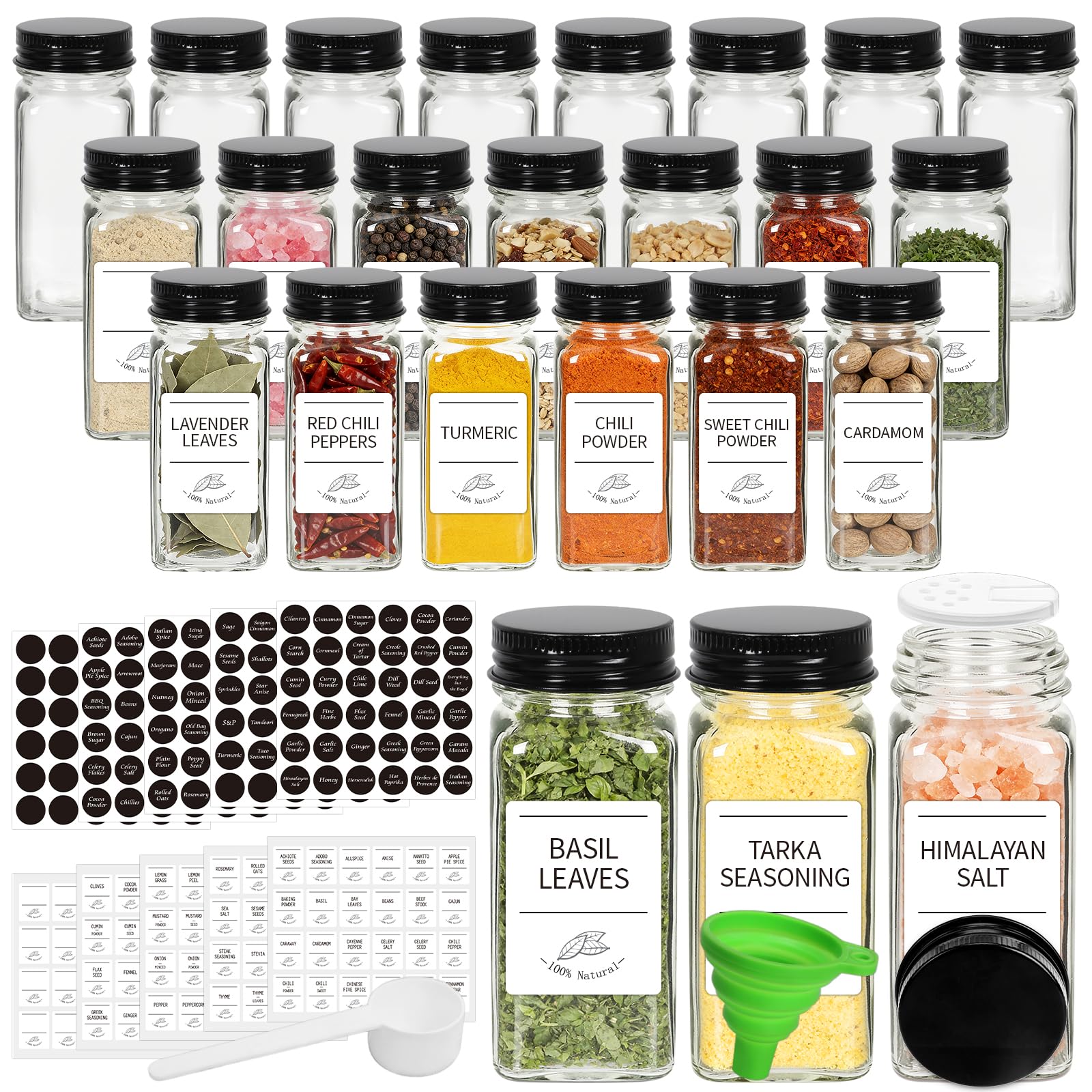 EkkoVla 120ml Square Glass Spice Jars with Black Airtight Lids, 24 Pack – Pre-Printed Labels, Silicone Funnel & Spoon for Kitchen Storage, Herbs & Spices