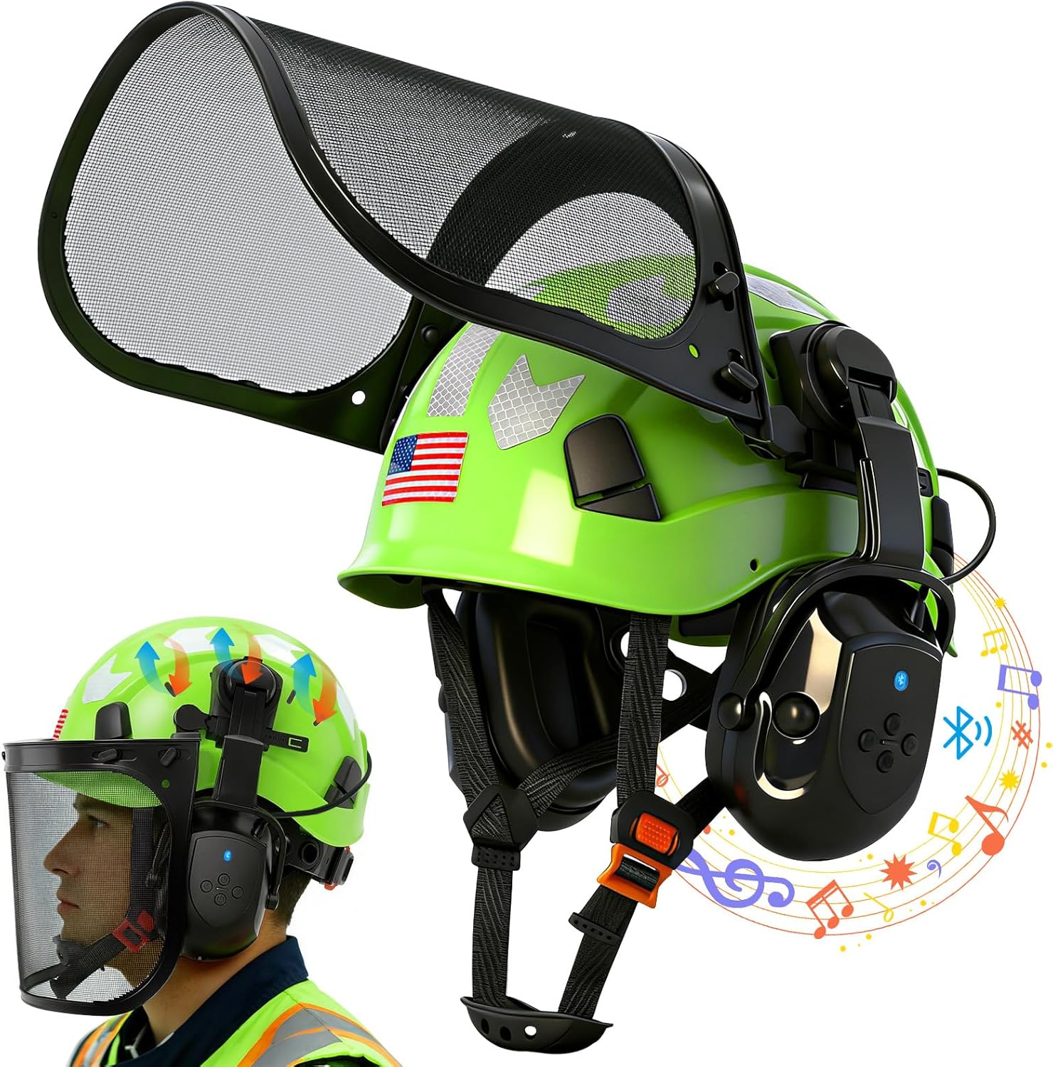 Chainsaw Helmet with Face Shield and Ear Muffs-Green Forestry Hard Hat with Bluetooth Hearing Protection and Full Face Mask,Arborist Helmet with Ear Protection for Mowing Grinding and Cutting Logging