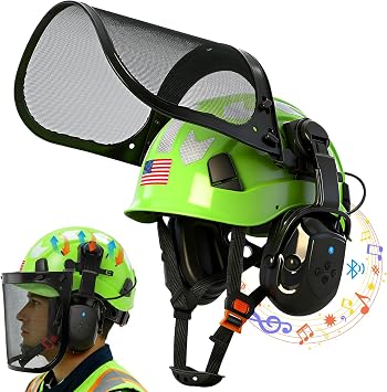 Chainsaw Helmet with Face Shield and Ear Muffs-Green Forestry Hard Hat with Bluetooth Hearing Protection Face Mask,Arborist Helmet with Ear Protection for Mowing Grinding and Cutting Logging