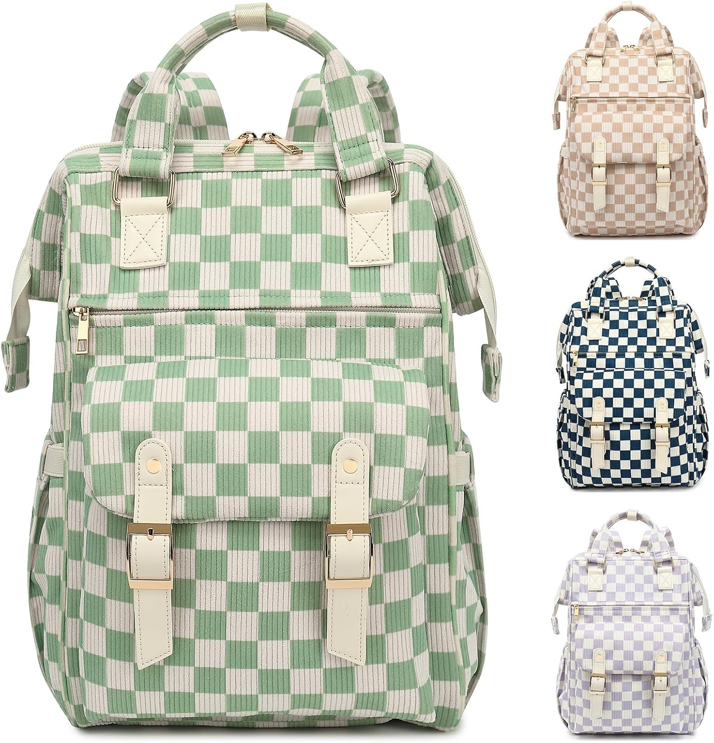 Corduroy Laptop Backpack for Women 15.6 Inch Stylish College School Bookbag, Business Work & Travel Computer Backpacks (Checkered Green)