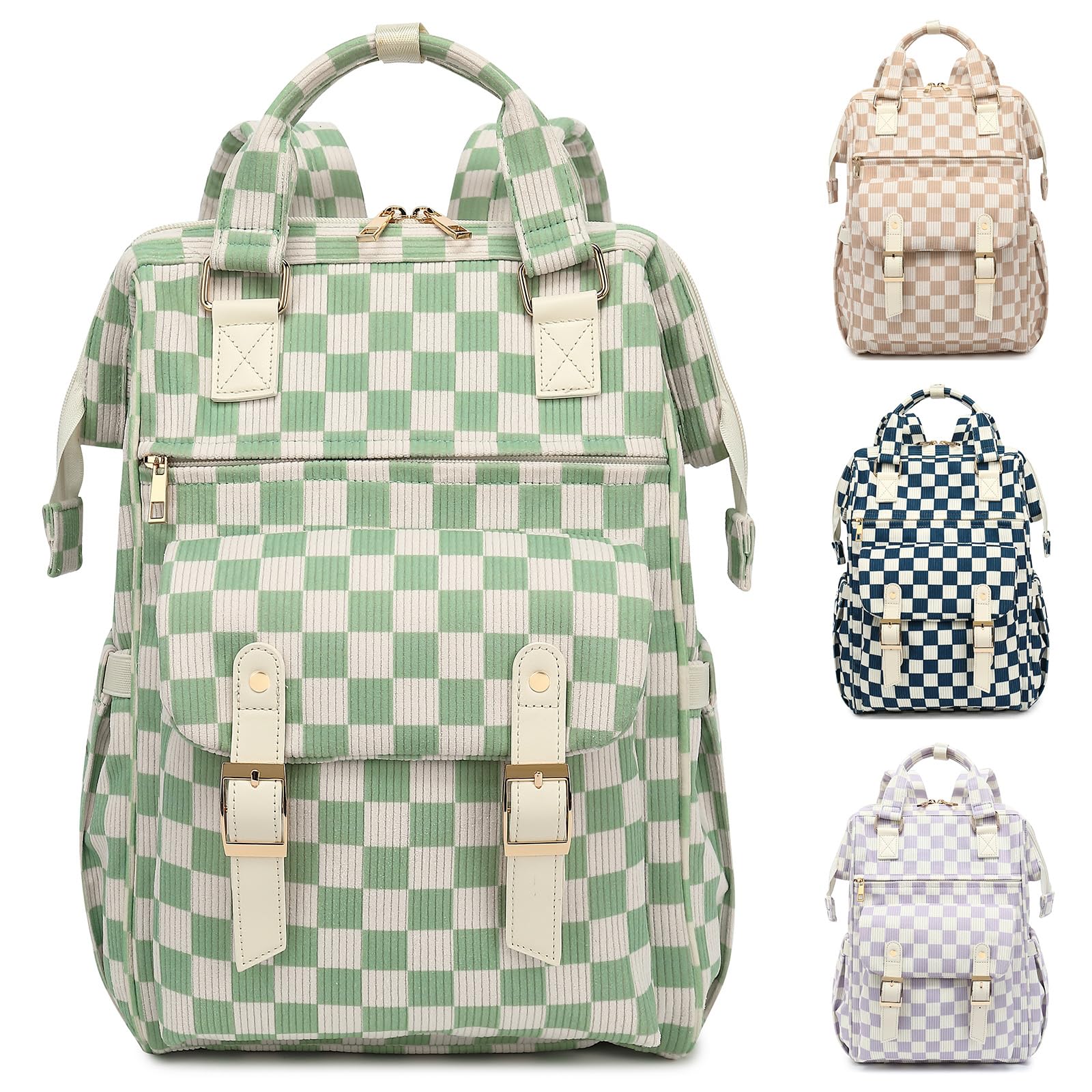 Corduroy Laptop Backpack for Women 15.6 Inch Stylish College School Bookbag, Business Work &amp; Travel Computer Backpacks (Checkered Green)