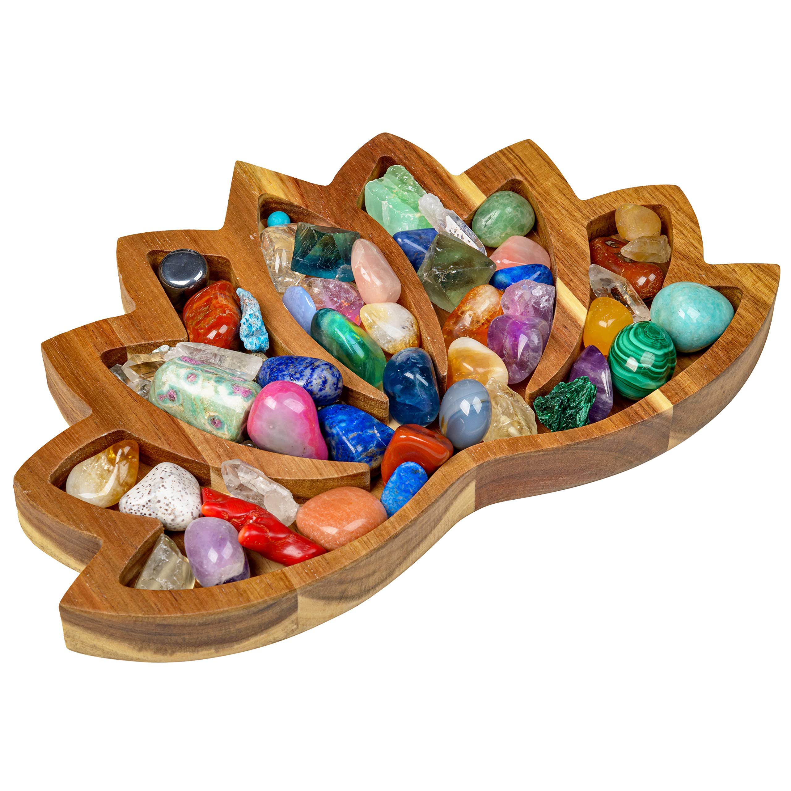 TERRIFI Lotus Crystal Tray for Stones Crystals and Healing Stones Flower Wooden Crystal Storage Holder Tray Lotus Shape Decorative Display Trays Crystal Organizer Bowl for Jewelry Stones Decor