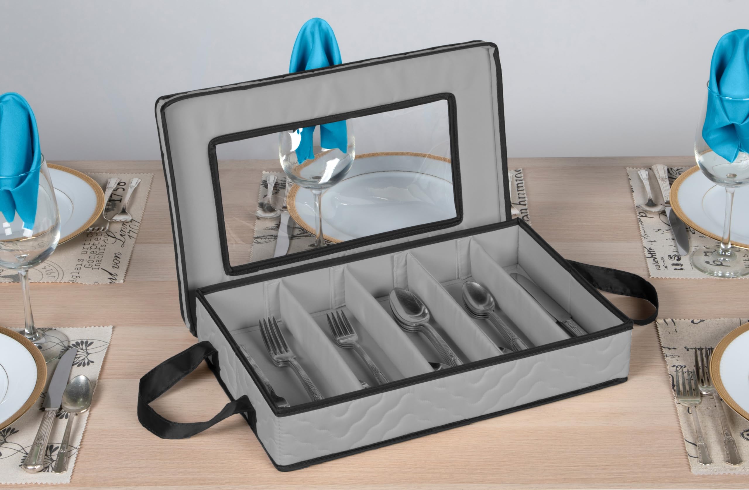Besteck-Aufbewahrungskoffer – robuste Besteck-Aufbewahrungsbox mit 5 Fächern mit abnehmbarem Deckel und leicht zu tragenden Griffen – große Kapazität hält Ihr Besteck organisiert und geschützt – Grau