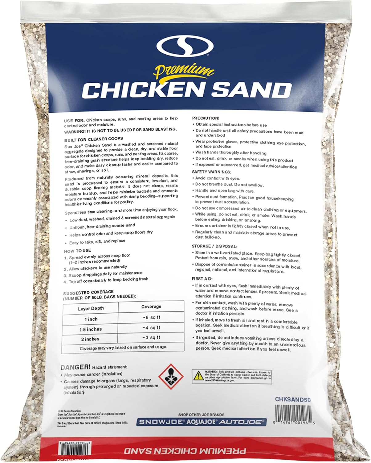 Sun Joe CHKSAND50 - Chicken Coop Sand, Coarse Grade, Washed, Screened & Dried, 50 lb Bag