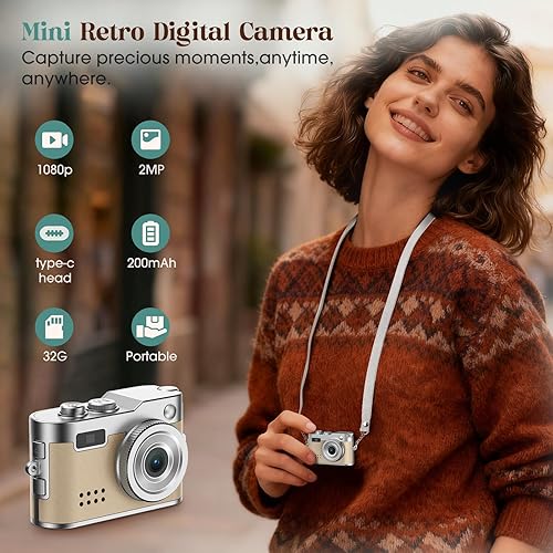 Miniatura 2 de Mini cámara digital vintage, cámara llavero 1080P HD con lente de 2 MP, flash, grabación de video, tarjeta 32G incluida, cámara retro portátil y